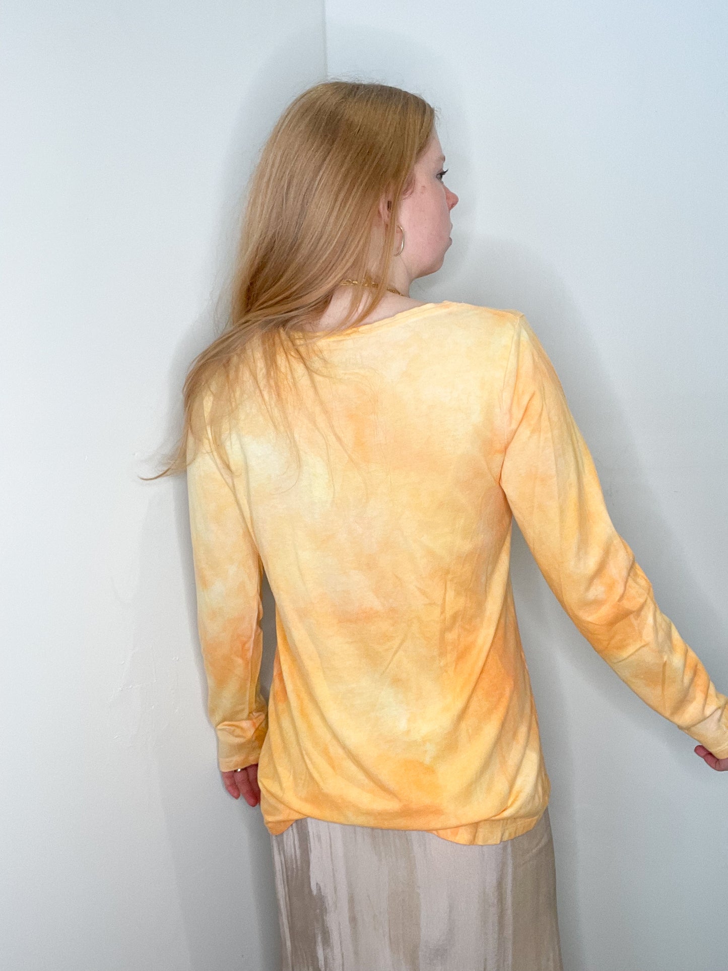 Upcycled Marigold Marble Watercolour Cotton Modal Long Sleeve Top - M/L
