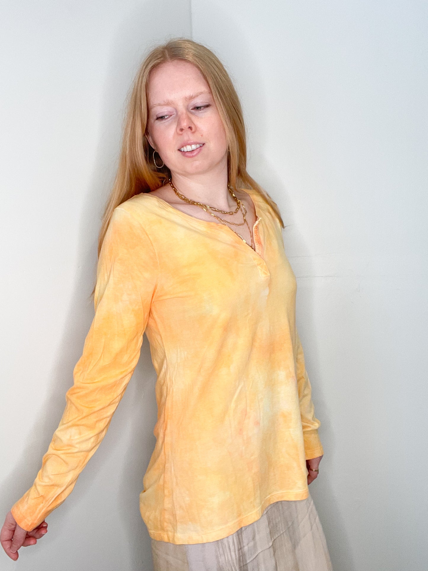 Upcycled Marigold Marble Watercolour Cotton Modal Long Sleeve Top - M/L