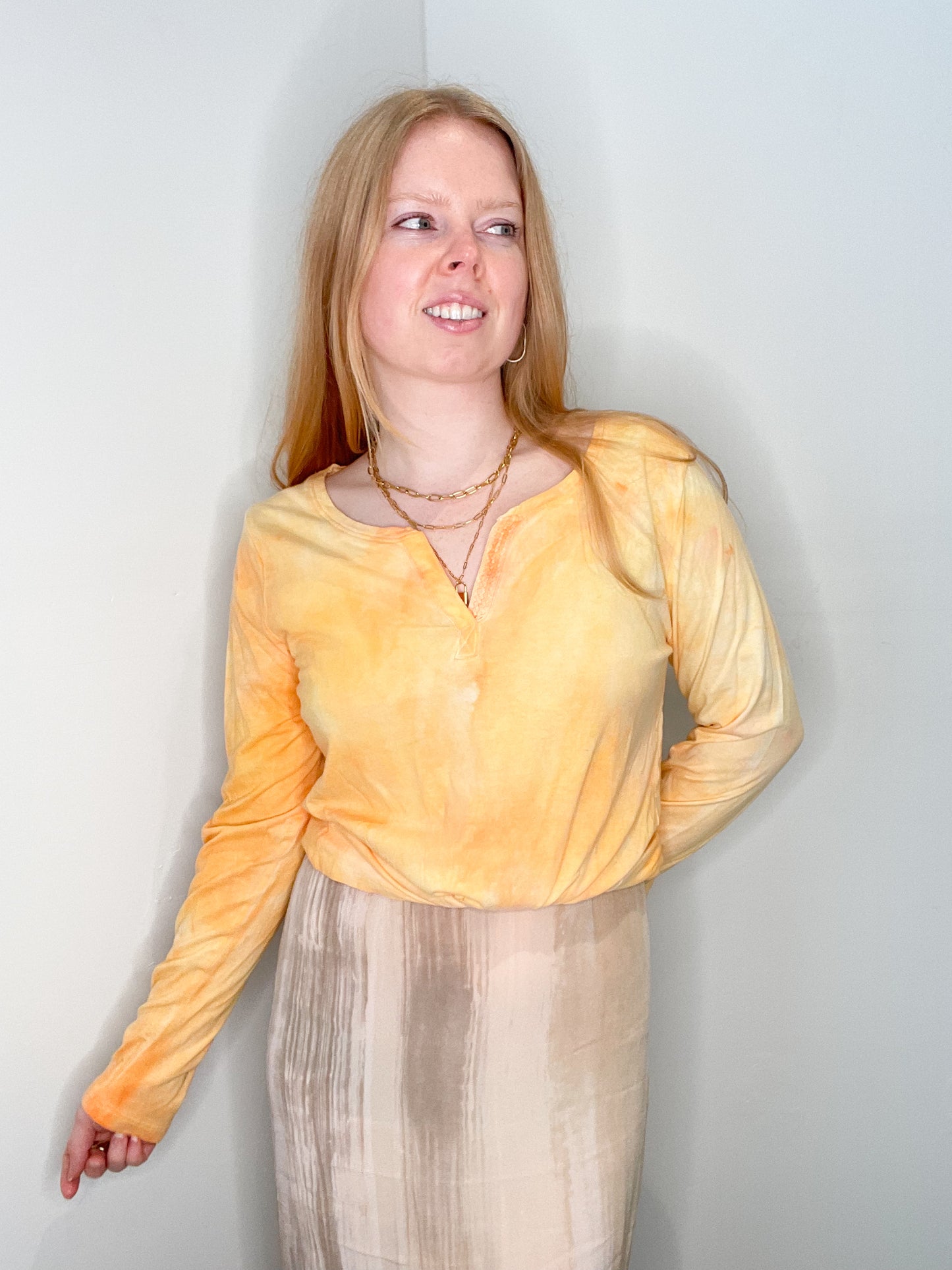 Upcycled Marigold Marble Watercolour Cotton Modal Long Sleeve Top - M/L