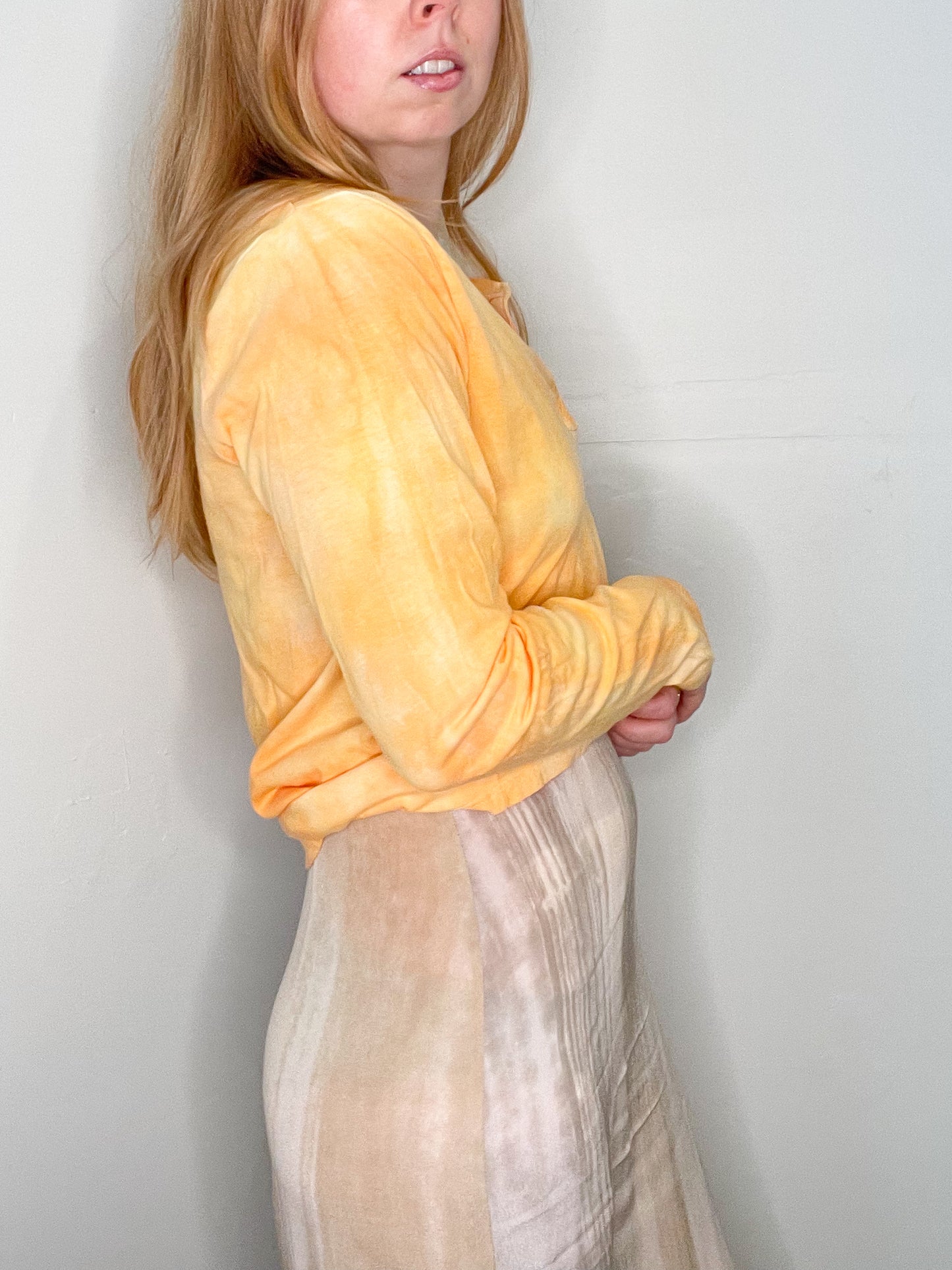 Upcycled Marigold Marble Watercolour Cotton Modal Long Sleeve Top - M/L