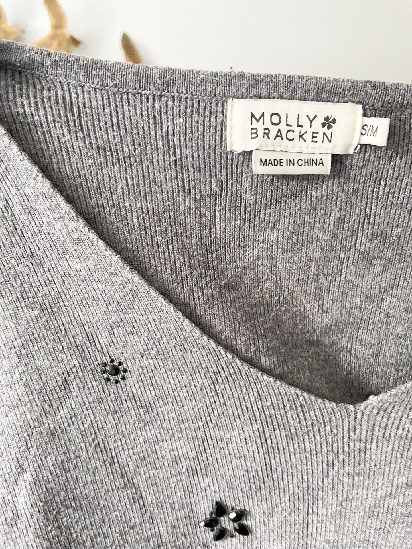Molly Bracken Grey Ribbed Black Crystal Applique Knit V-Neck Sweater - S/M