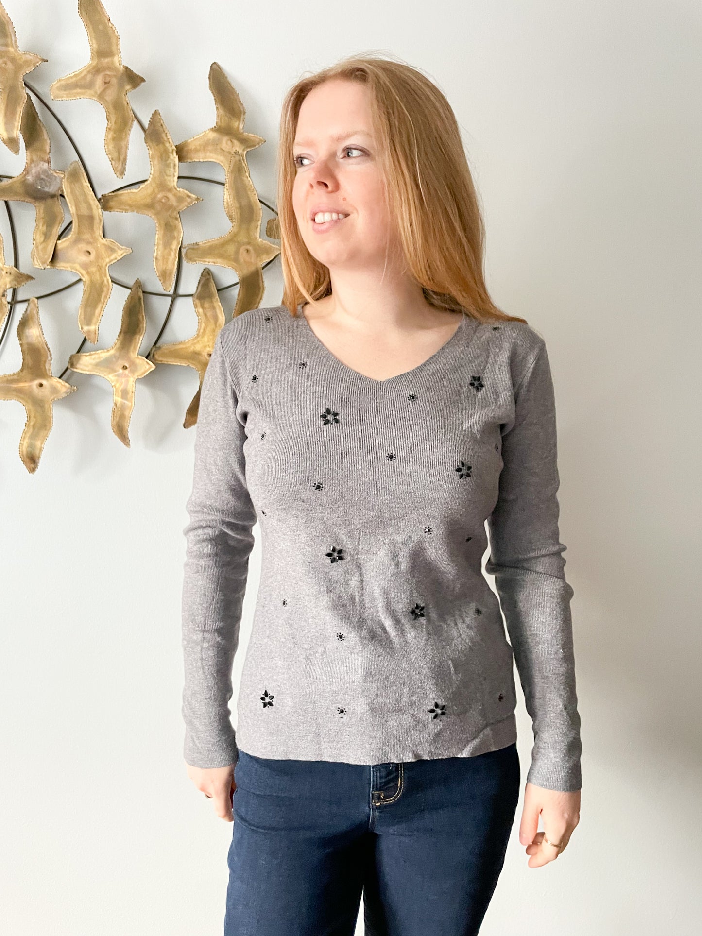 Molly Bracken Grey Ribbed Black Crystal Applique Knit V-Neck Sweater - S/M