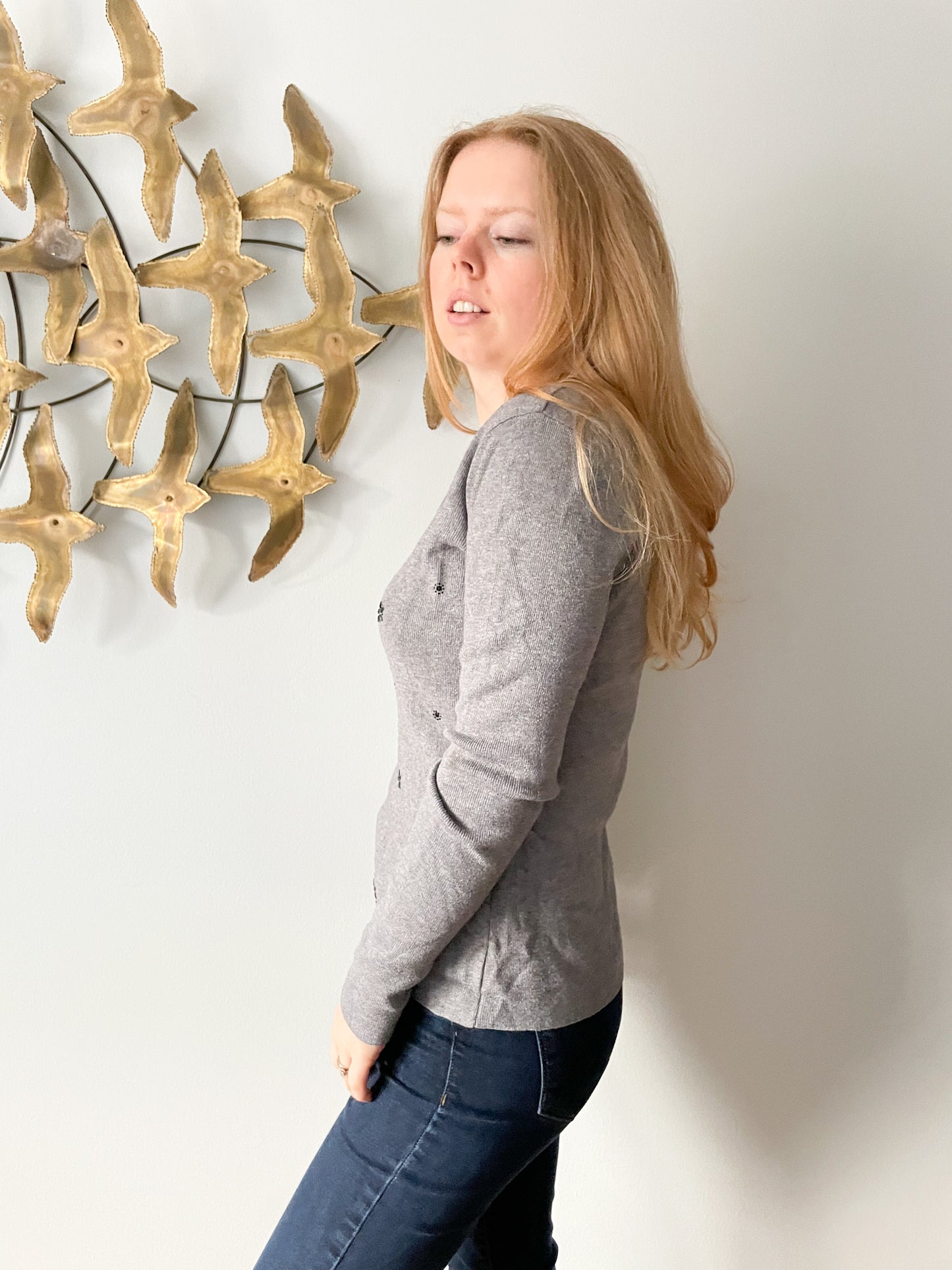 Molly Bracken Grey Ribbed Black Crystal Applique Knit V-Neck Sweater - S/M