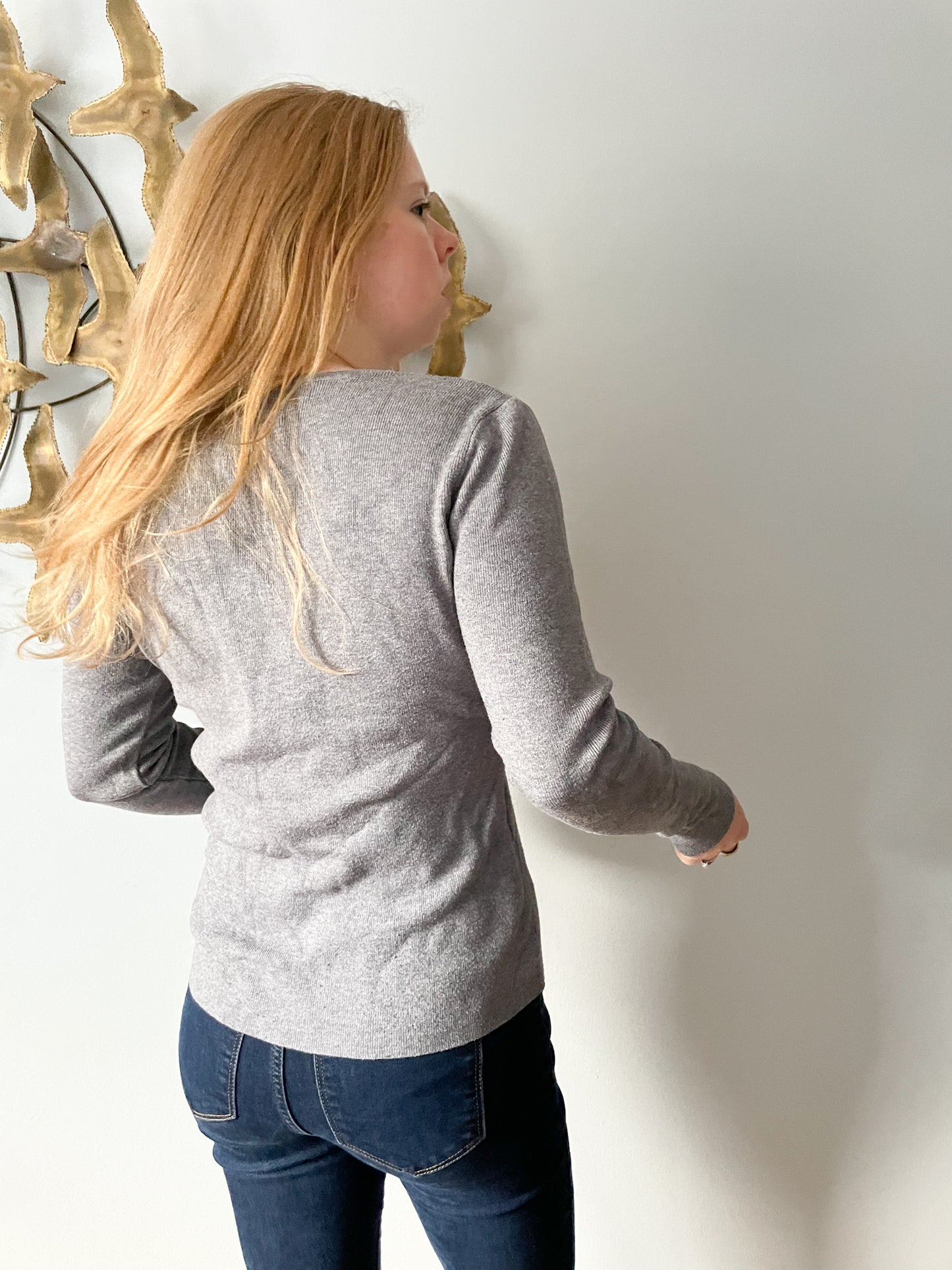 Molly Bracken Grey Ribbed Black Crystal Applique Knit V-Neck Sweater - S/M
