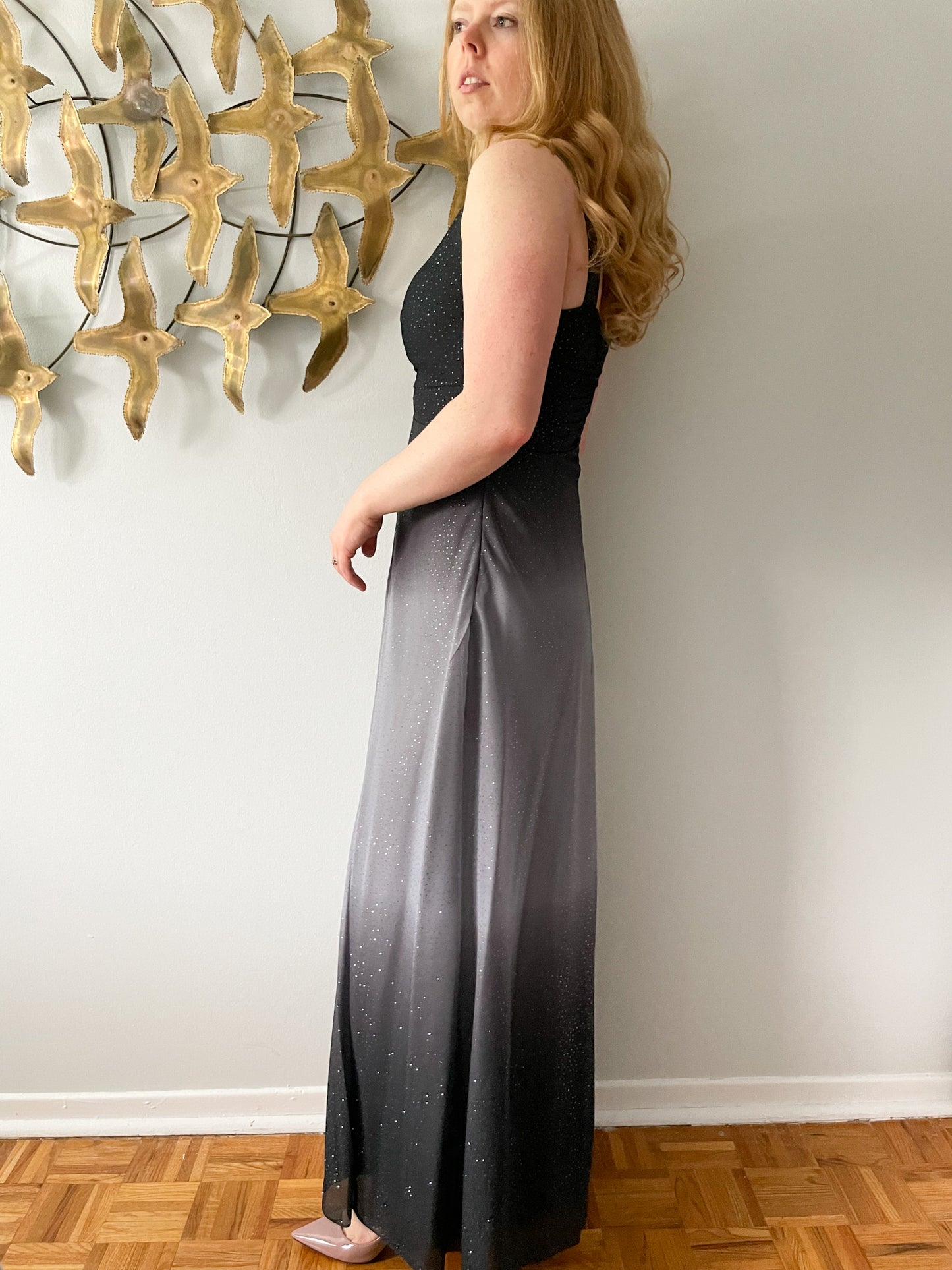 Laura Black Grey Sparkle Ombre Maxi Sheath Dress - Small