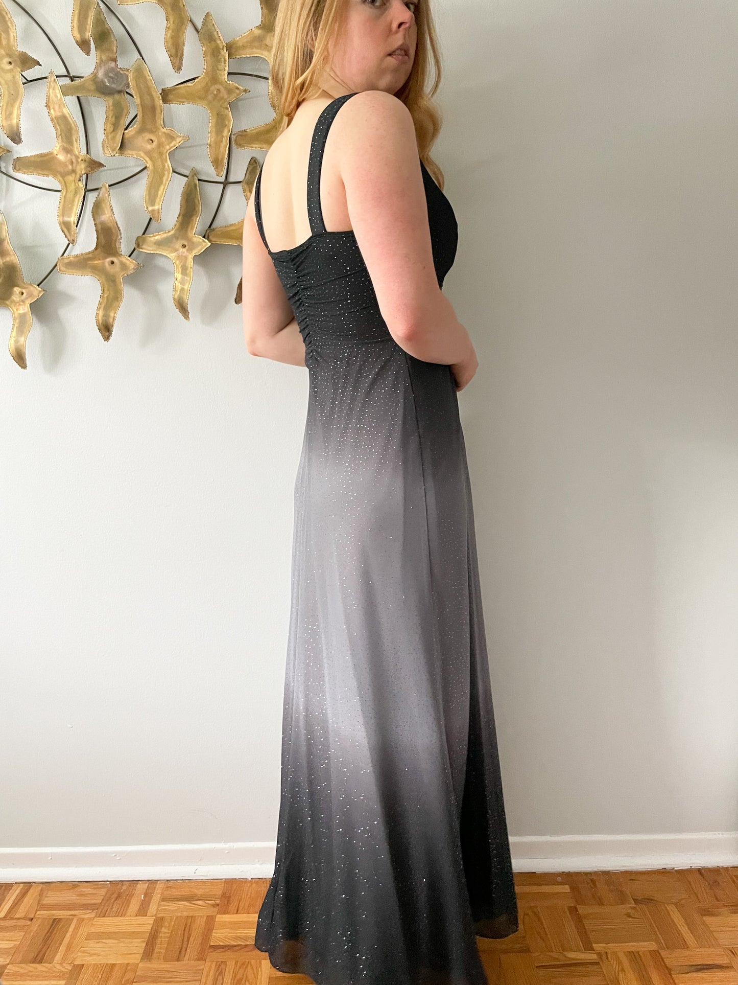 Laura Black Grey Sparkle Ombre Maxi Sheath Dress - Small