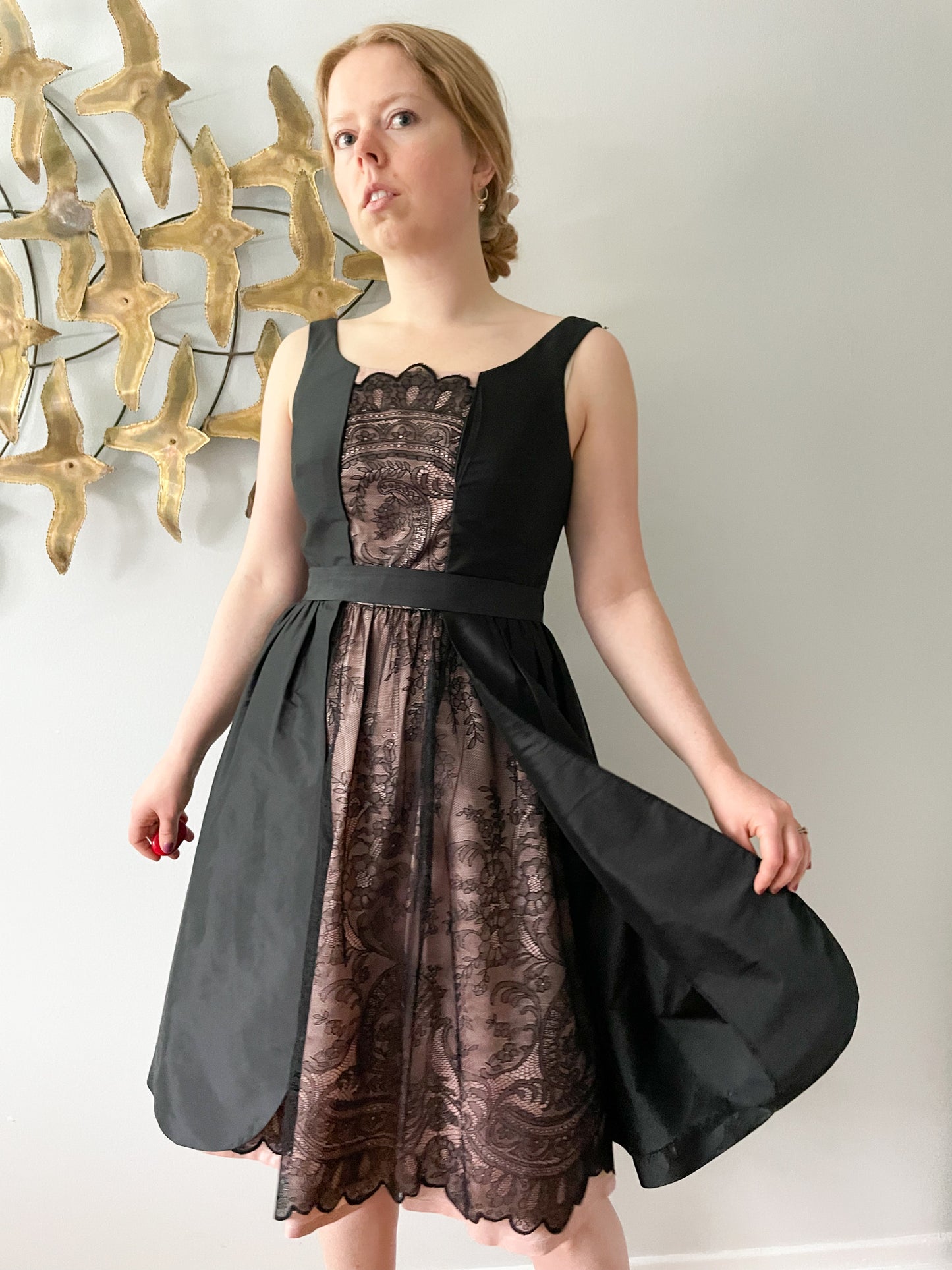 Adrianna Papell Black Blush Lace Fit Flare Dress - Size 6/8