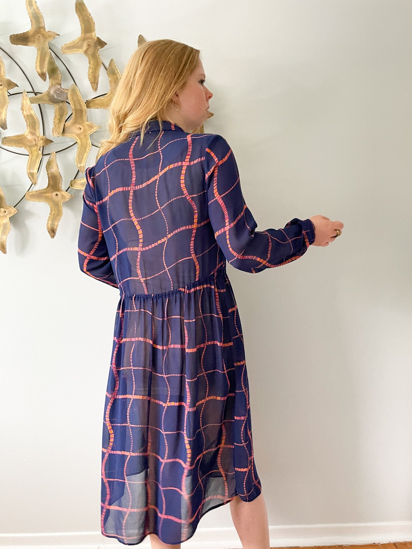 Benee by Lori Ann Navy Pink Orange Square Print Sheer Dress - Medium