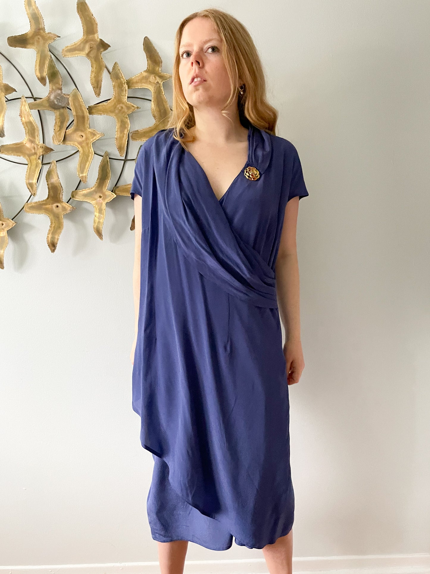 Chére Marie Dusty Periwinkle Wrap Style Silk Midi Dress NWT - Medium