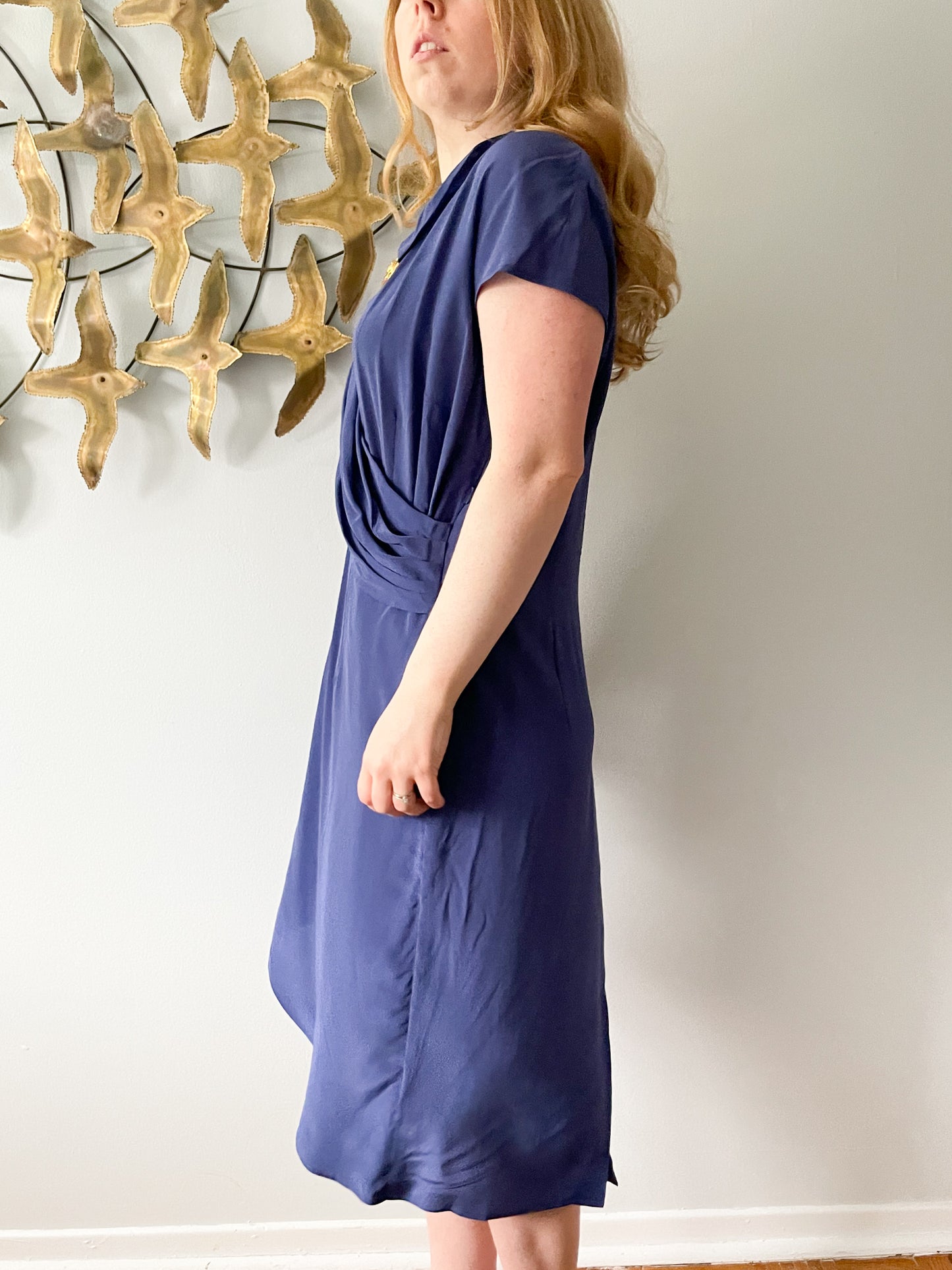 Chére Marie Dusty Periwinkle Wrap Style Silk Midi Dress NWT - Medium