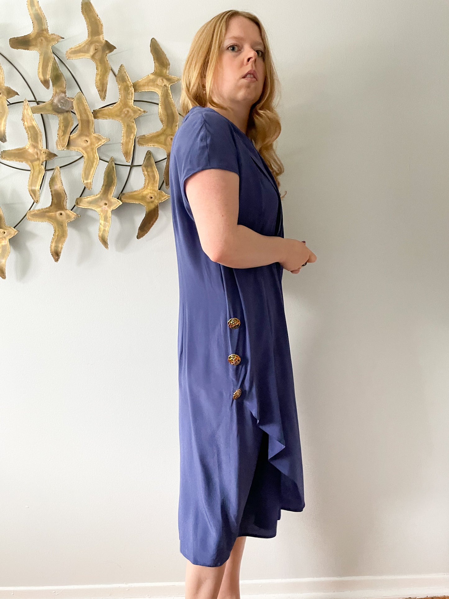 Chére Marie Dusty Periwinkle Wrap Style Silk Midi Dress NWT - Medium