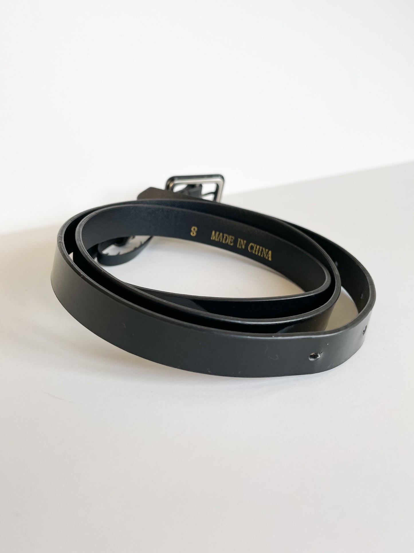 Black Faux Patent Leather Skinny Belt - S/M (30-34")