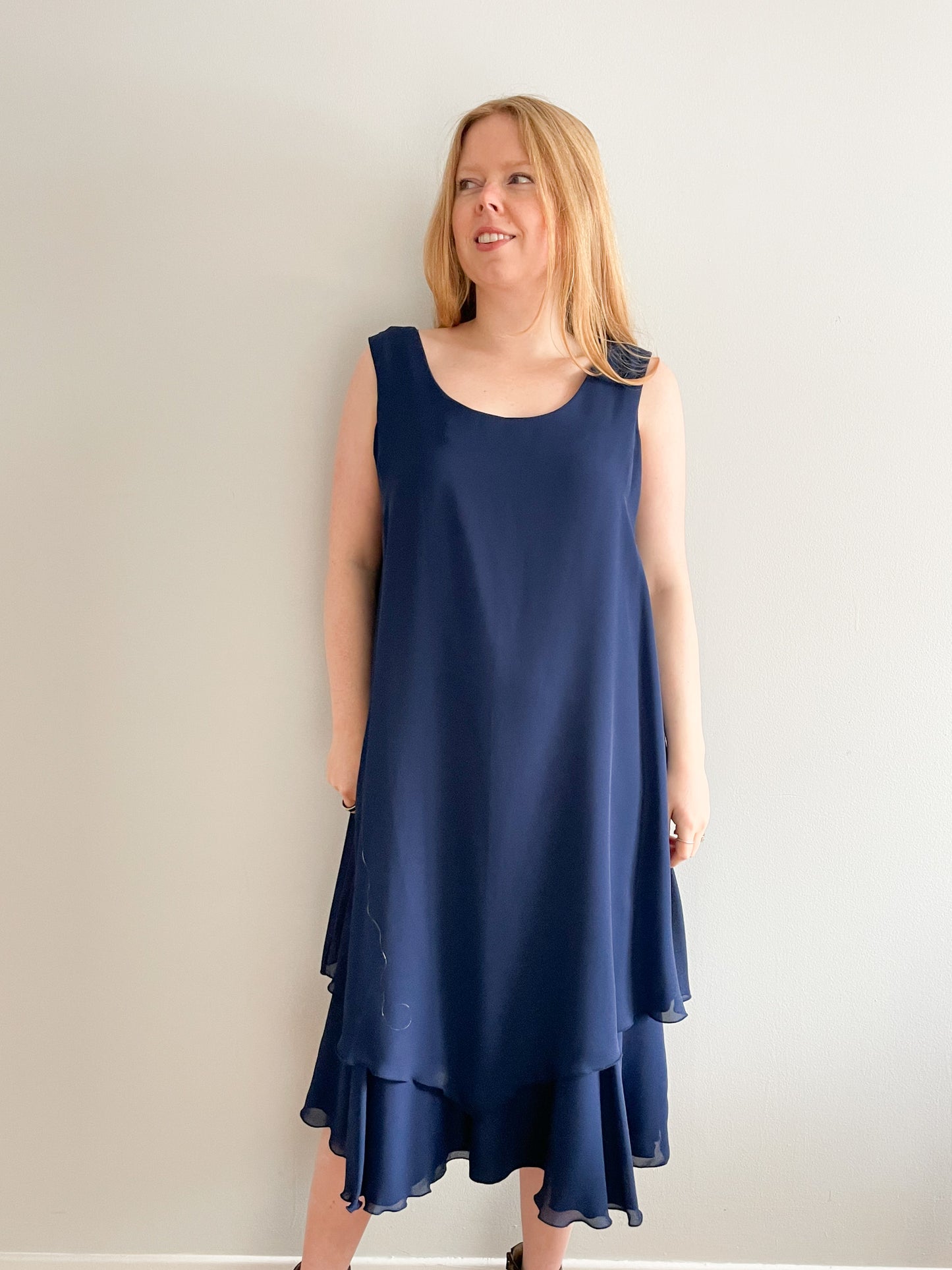 Zack's Navy Chiffon Layered Midi Sleeveless Dress - Size 13/14