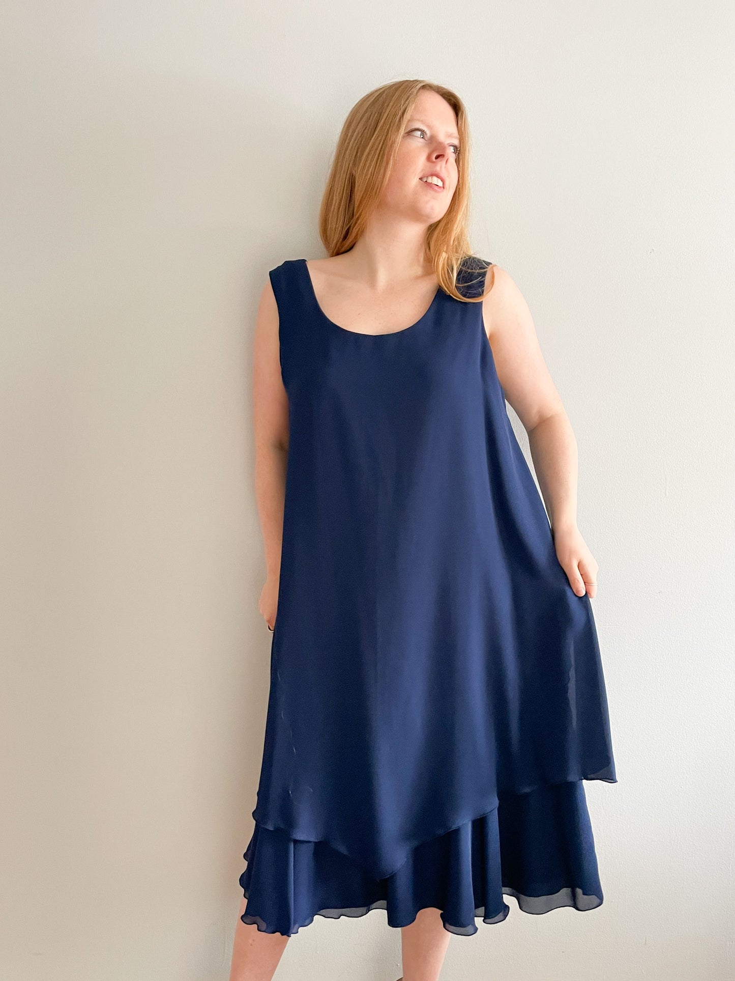 Zack's Navy Chiffon Layered Midi Sleeveless Dress - Size 13/14