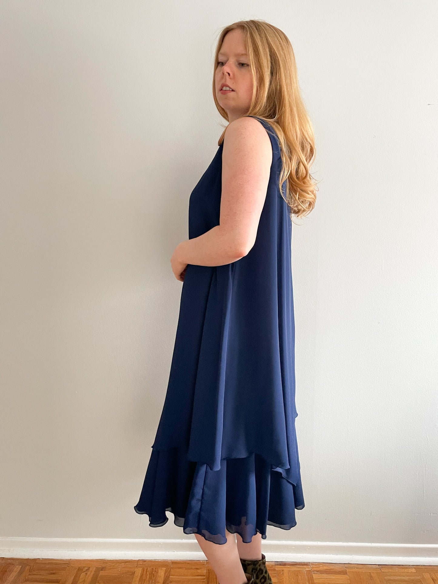 Zack's Navy Chiffon Layered Midi Sleeveless Dress - Size 13/14