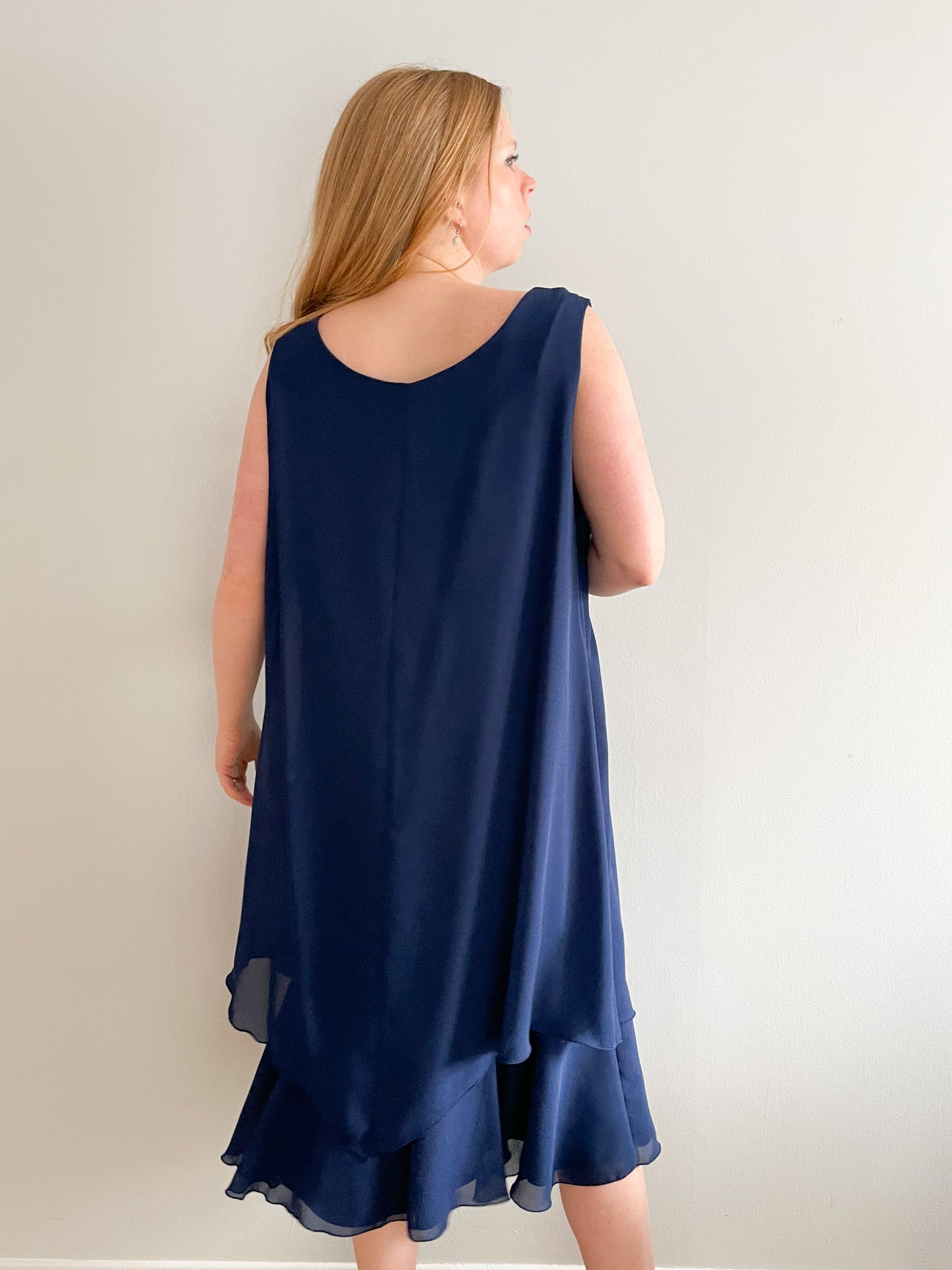 Zack's Navy Chiffon Layered Midi Sleeveless Dress - Size 13/14