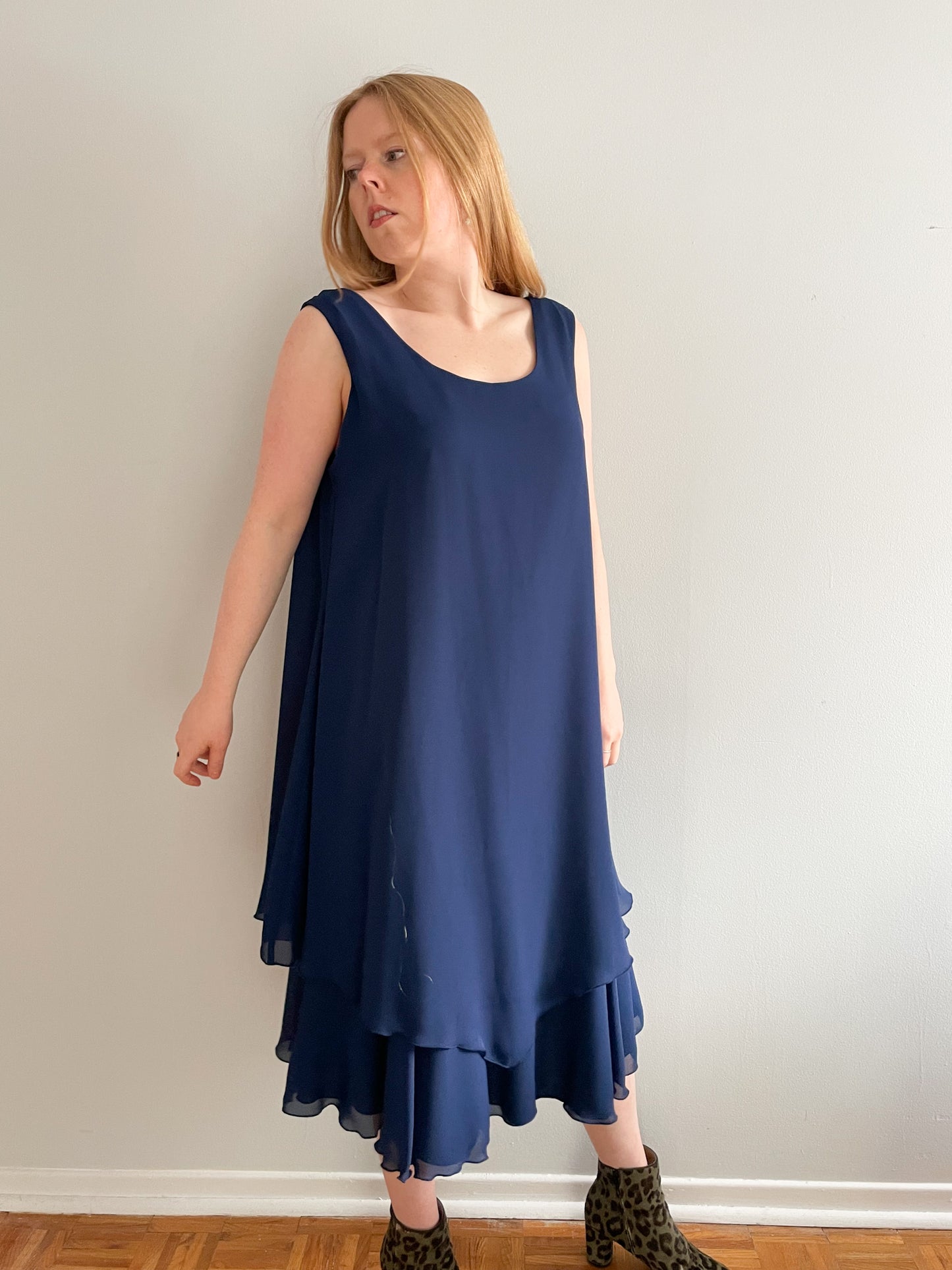 Zack's Navy Chiffon Layered Midi Sleeveless Dress - Size 13/14