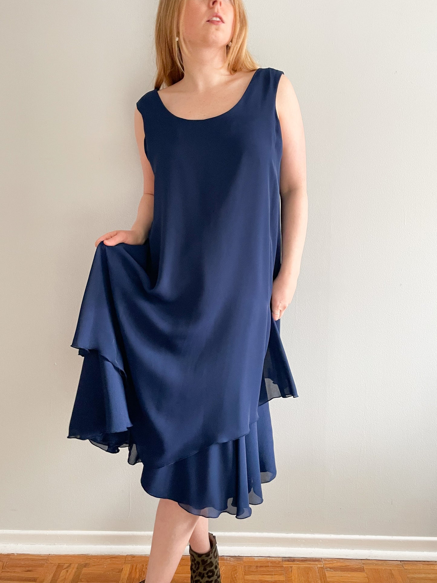 Zack's Navy Chiffon Layered Midi Sleeveless Dress - Size 13/14