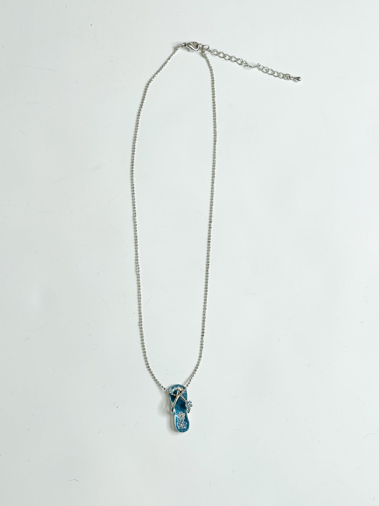 Blue Enamel Sparkle Retro Flower Flip Flop Charm Necklace