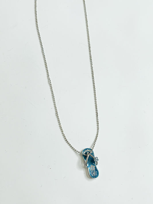 Blue Enamel Sparkle Retro Flower Flip Flop Charm Necklace