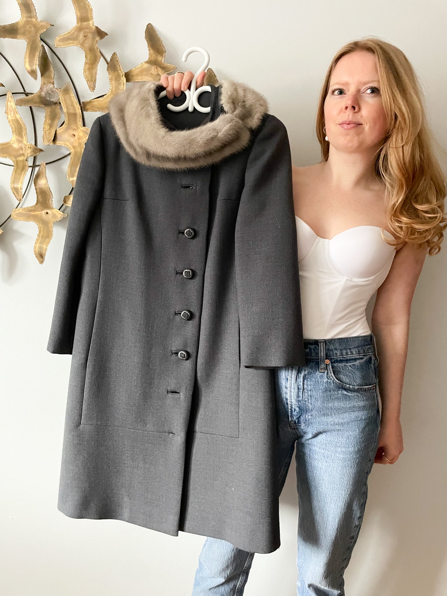 Vintage Grey Wool Long Coat with Fur Trim - Small
