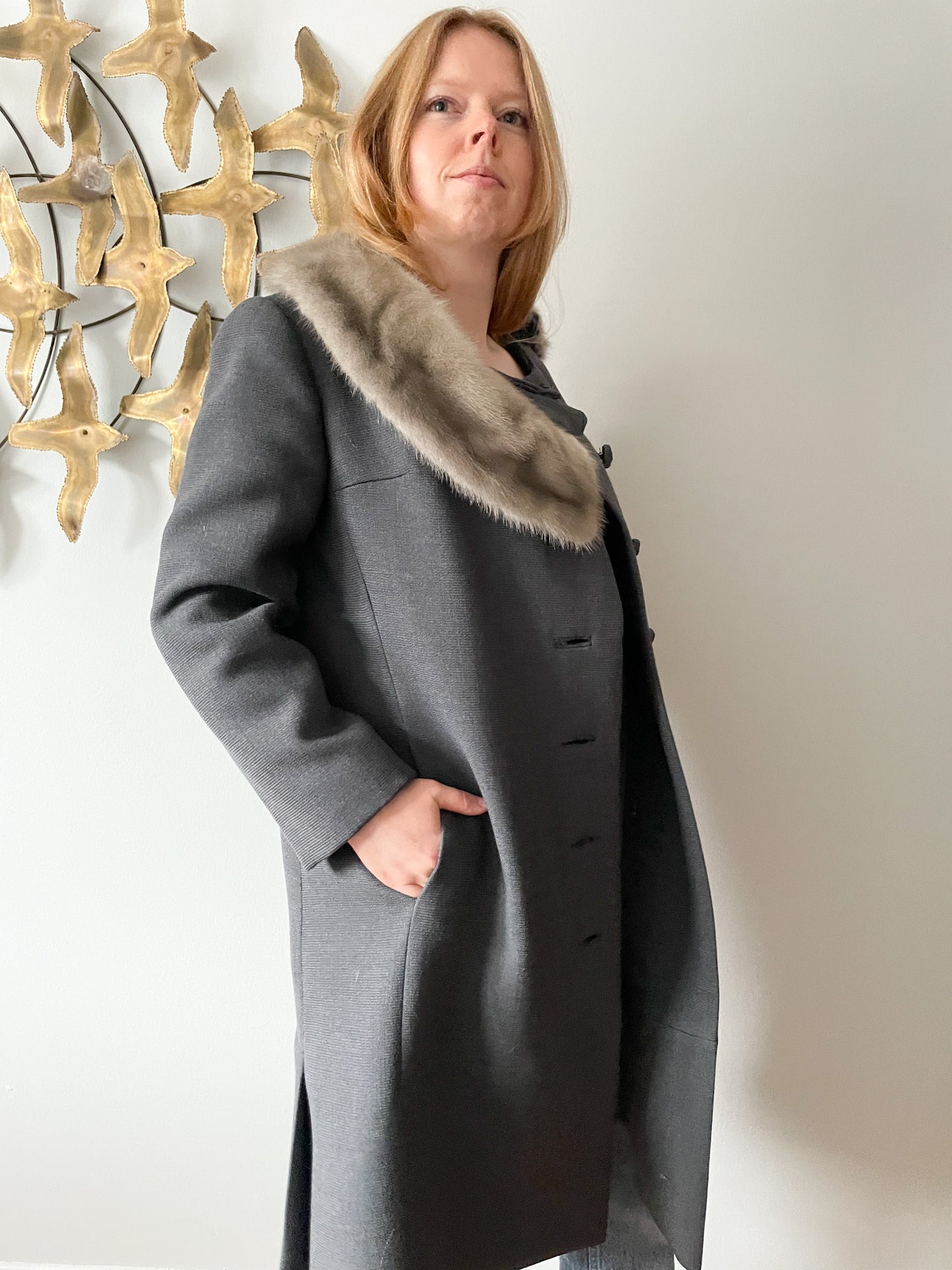 Vintage Grey Wool Long Coat with Fur Trim - Small