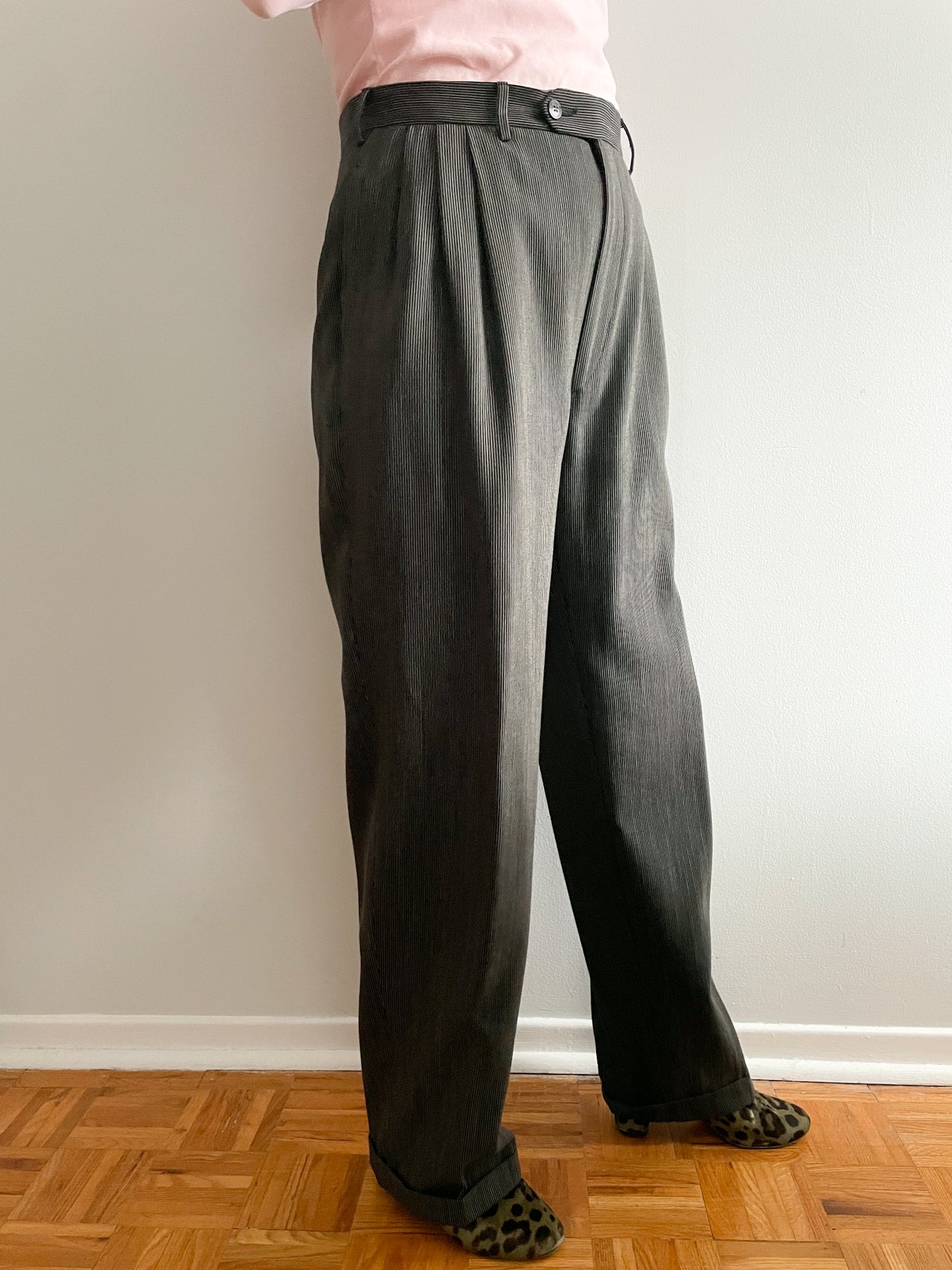 Gian Marco Venturi Grey Pinstripe High Rise Wool Wide Leg Trouser Pants - Large