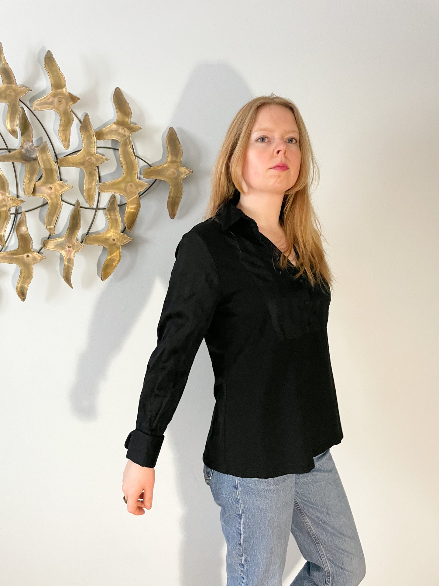 Anne Fontaine Paris Black Pima Cotton Collar Shirt - Size 12