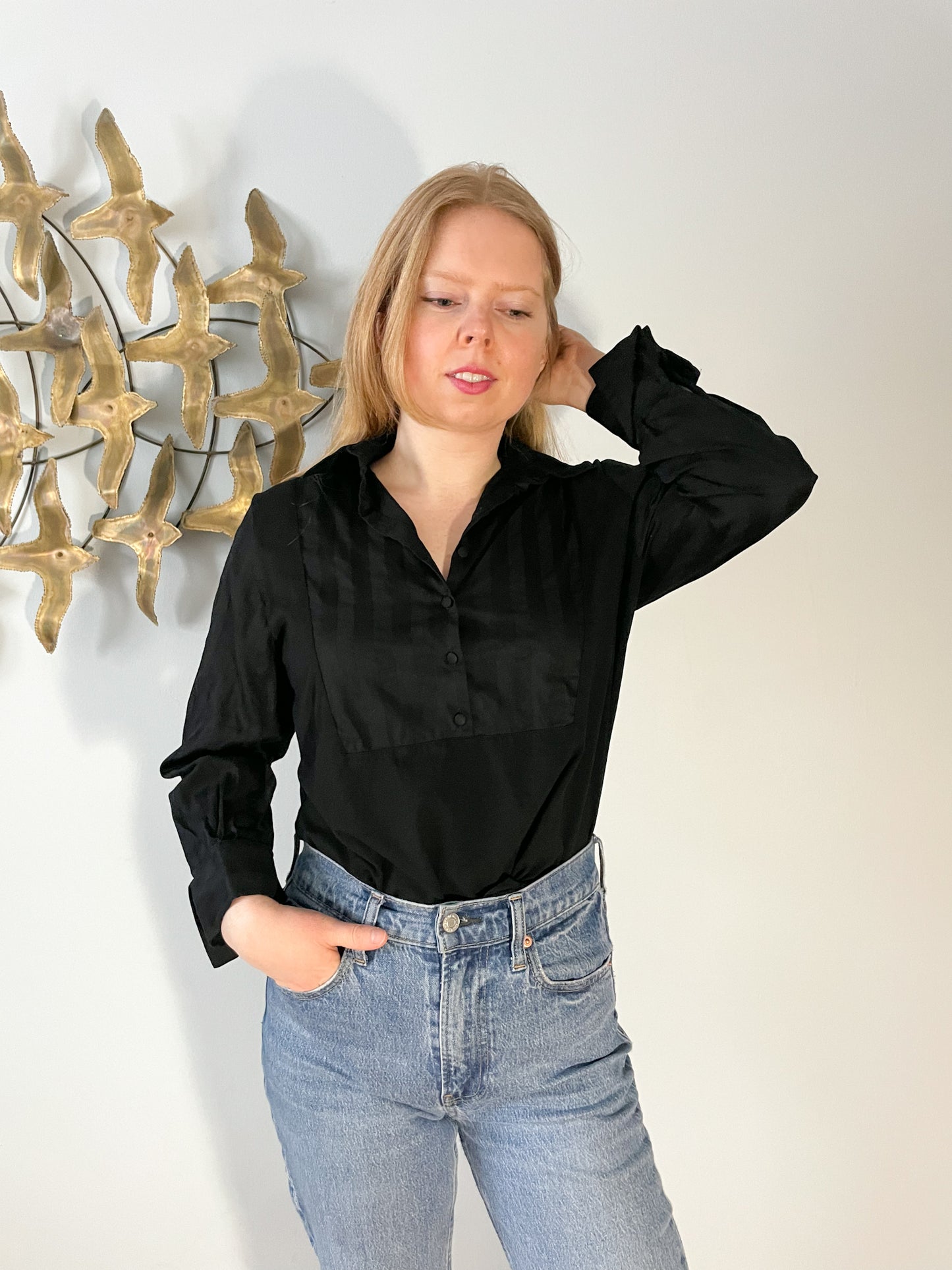 Anne Fontaine Paris Black Pima Cotton Collar Shirt - Size 12