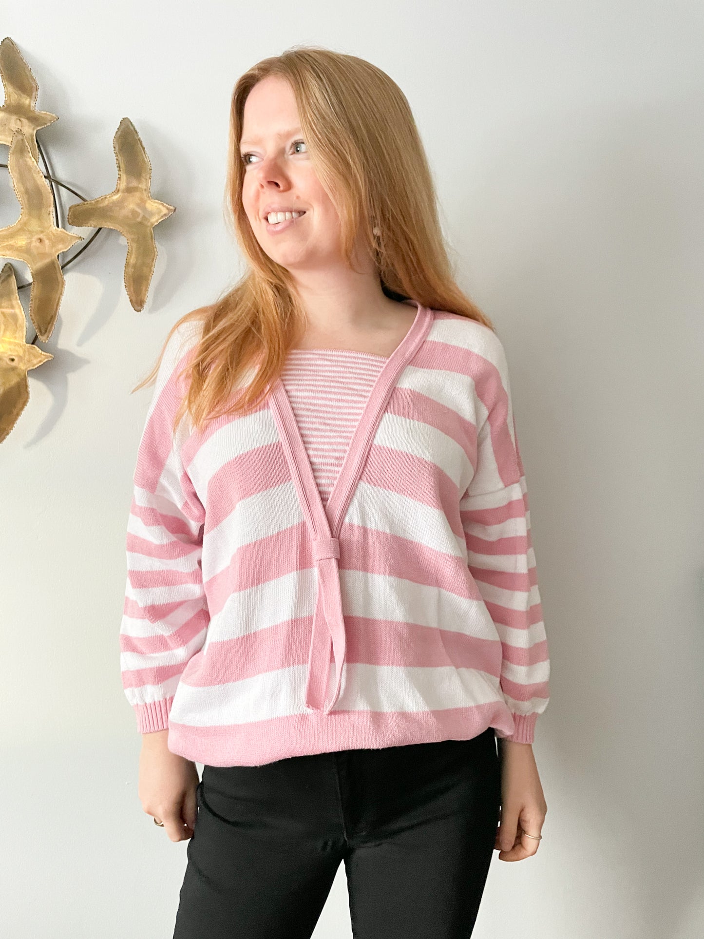 Vintage Laura Ashley Pink White Nautical Stripe Sweater - XL