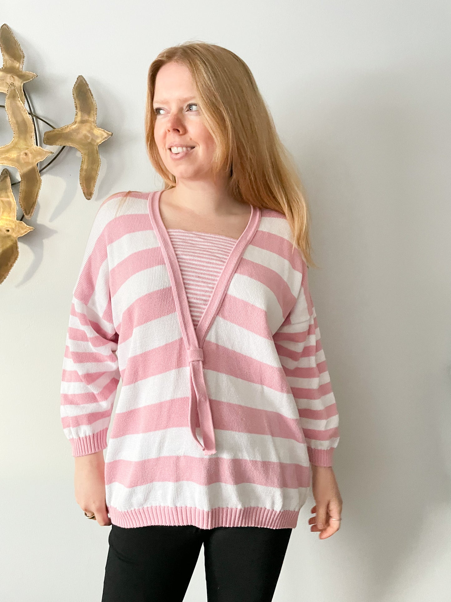 Vintage Laura Ashley Pink White Nautical Stripe Sweater - XL