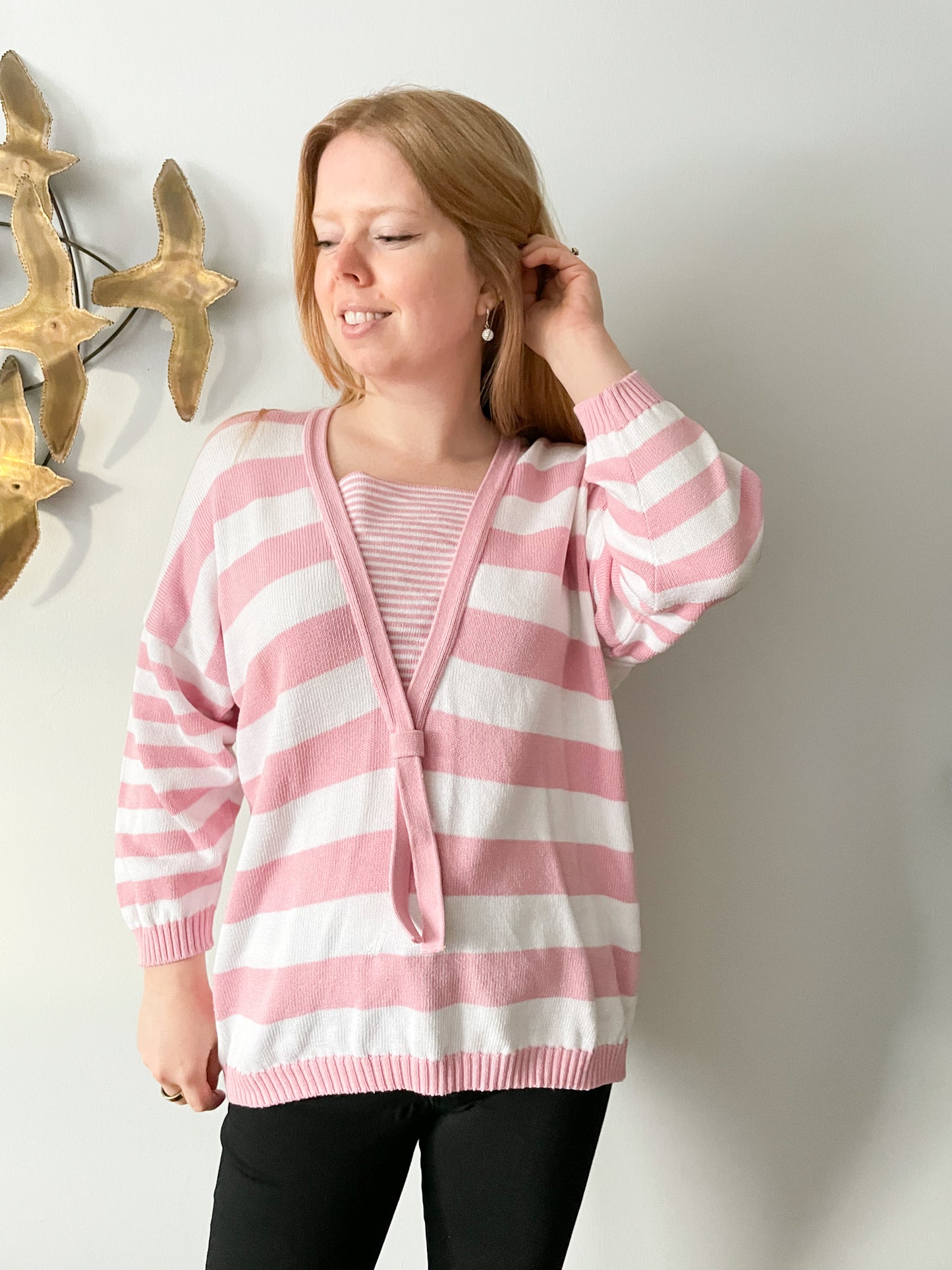 Vintage Laura Ashley Pink White Nautical Stripe Sweater - XL