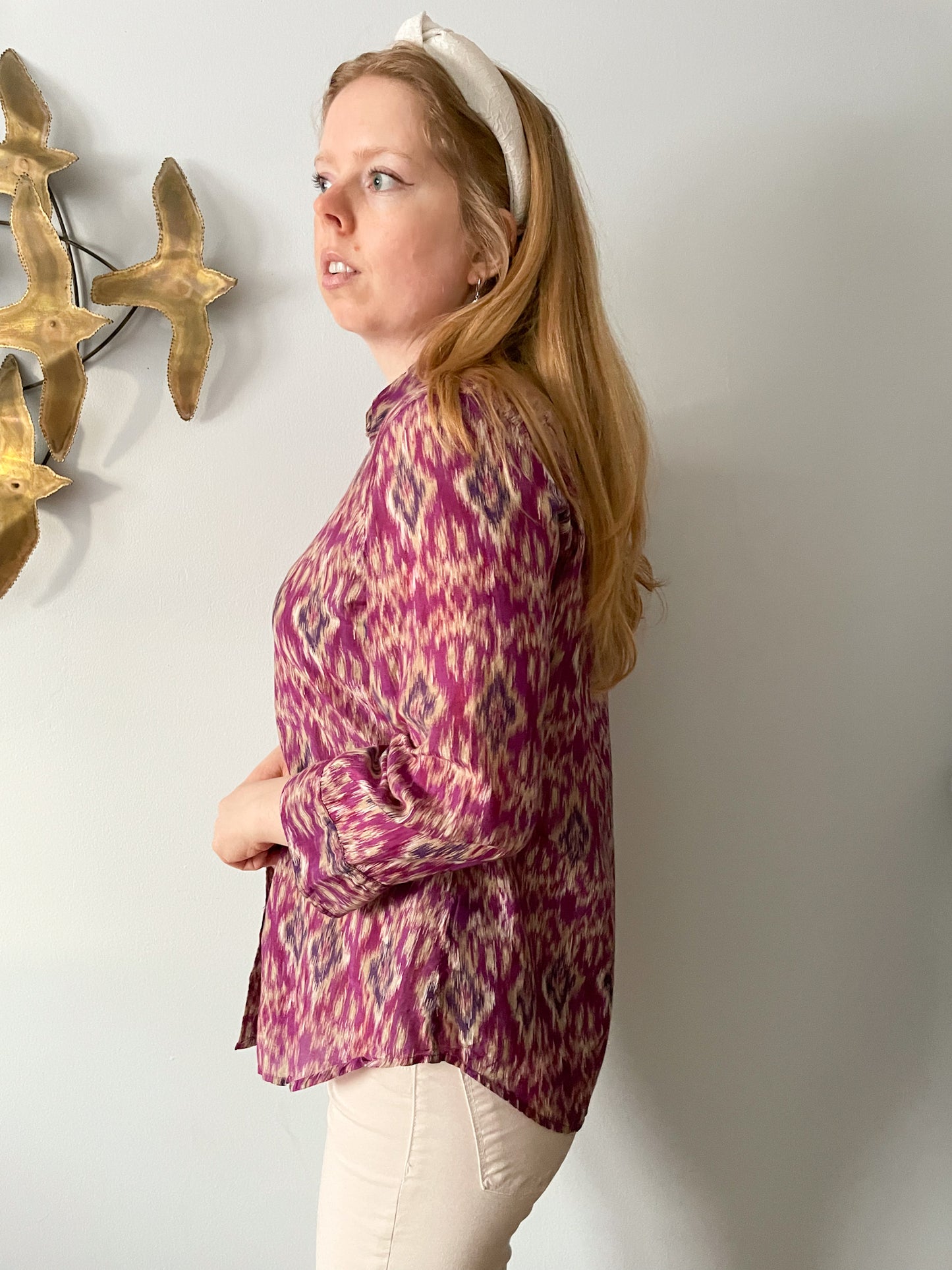 LAUREN Ralph Lauren Purple Taupe Ikat Silk Cotton Button Down - Medium