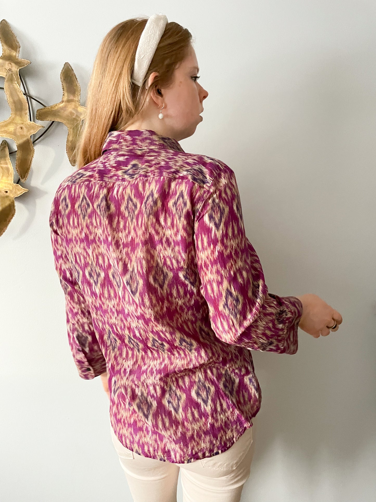 LAUREN Ralph Lauren Purple Taupe Ikat Silk Cotton Button Down - Medium