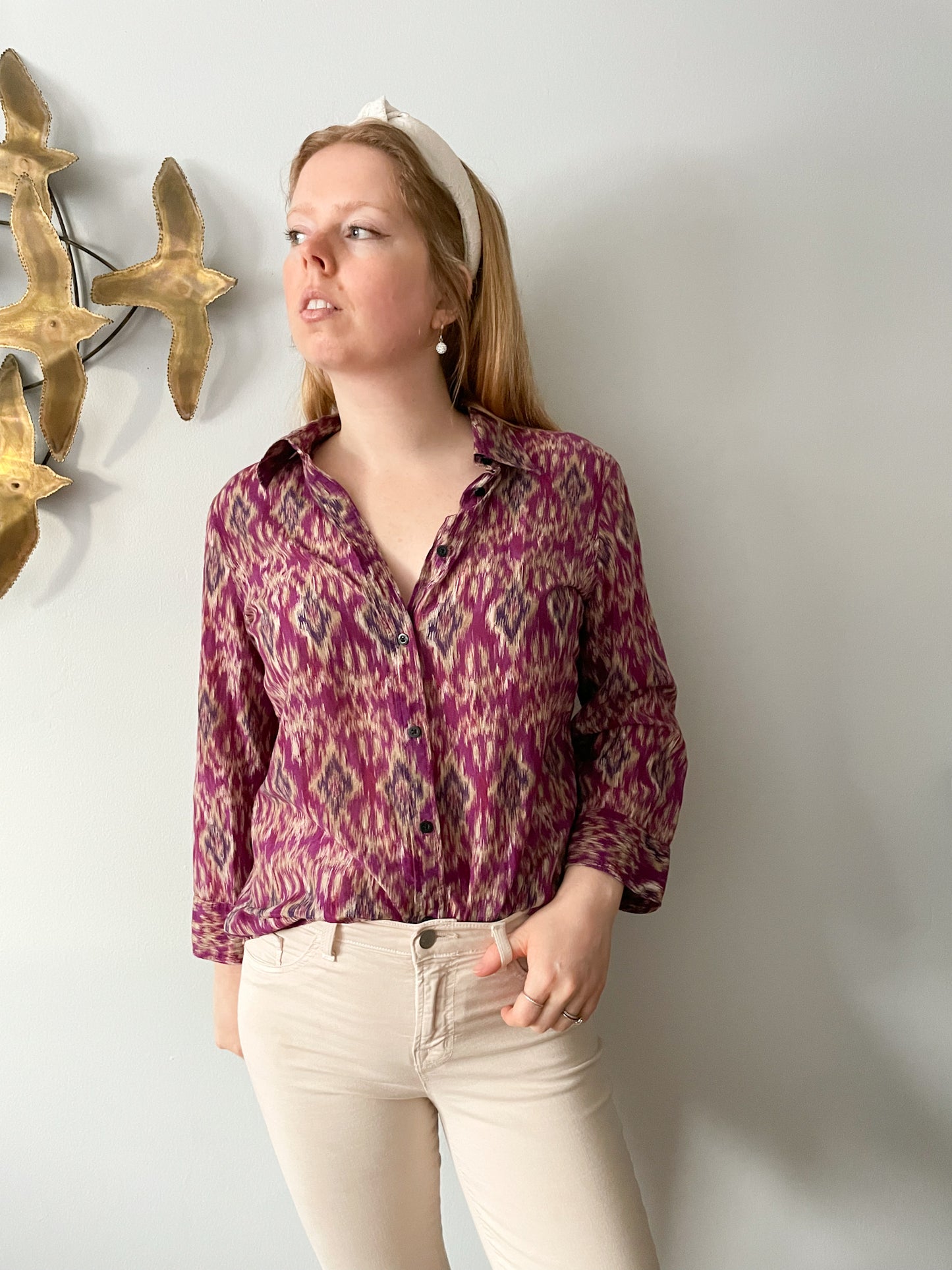 LAUREN Ralph Lauren Purple Taupe Ikat Silk Cotton Button Down - Medium