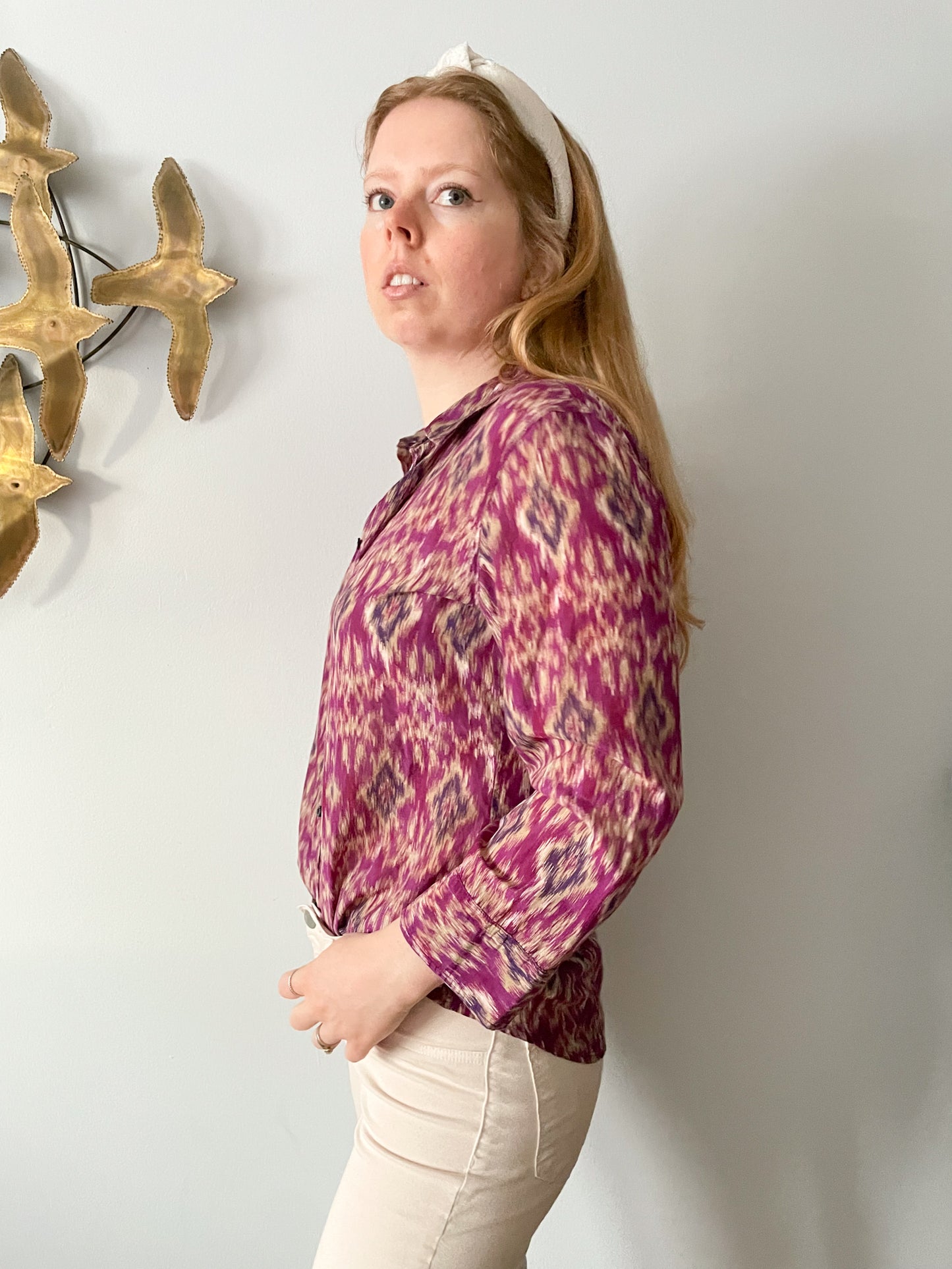 LAUREN Ralph Lauren Purple Taupe Ikat Silk Cotton Button Down - Medium