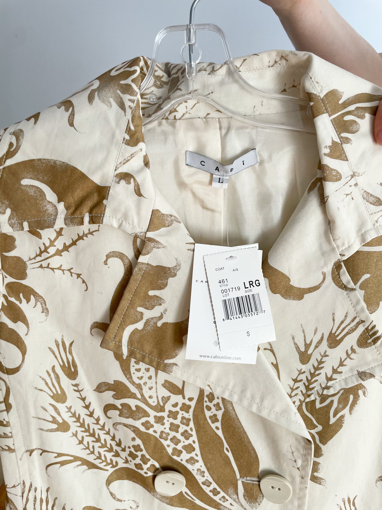 CAbi Gold Metallic and Cream Brocade Floral Cotton Linen Ladies Trench Coat NWT - Large