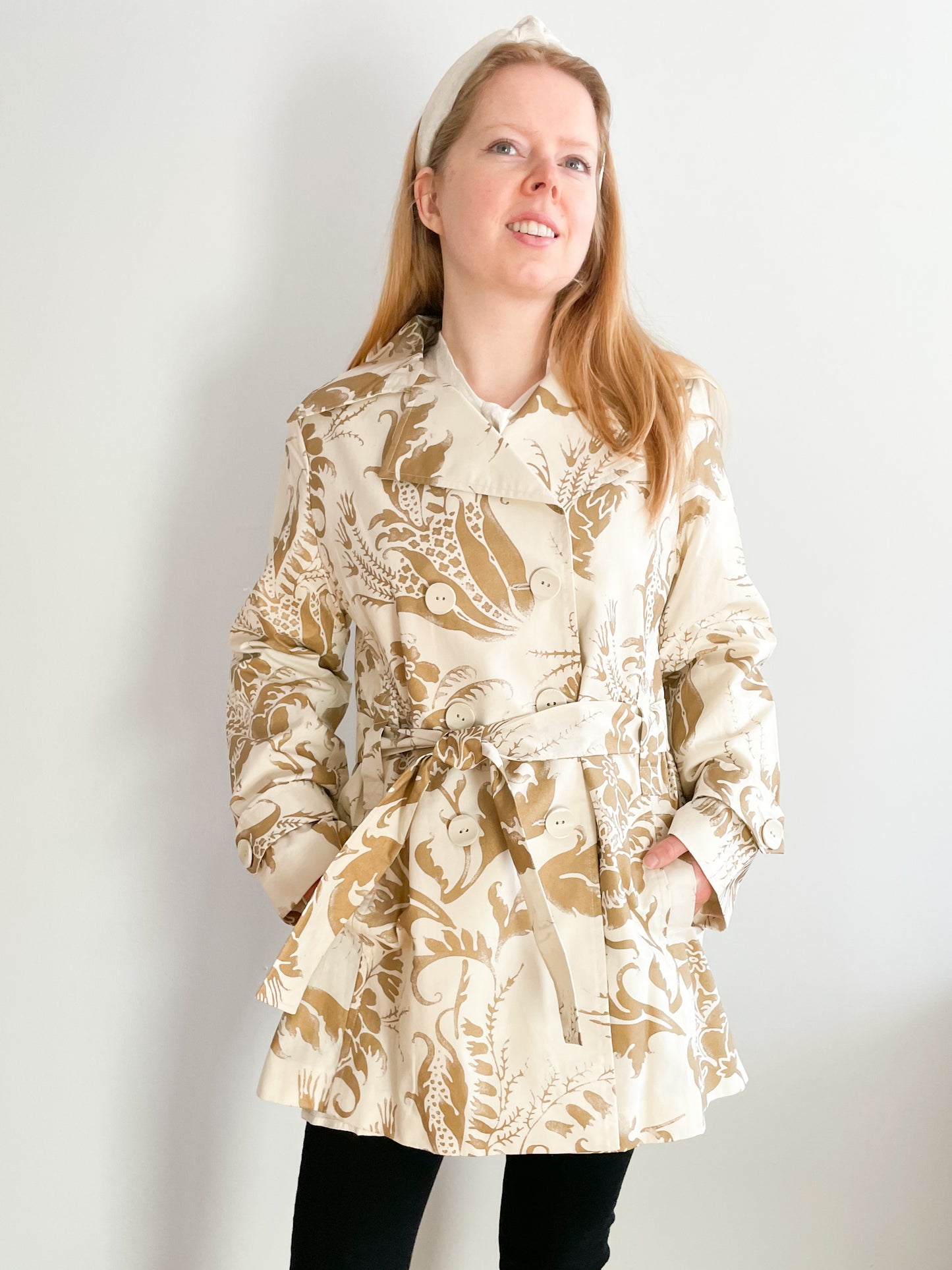 CAbi Gold Metallic and Cream Brocade Floral Cotton Linen Ladies Trench Coat NWT - Large