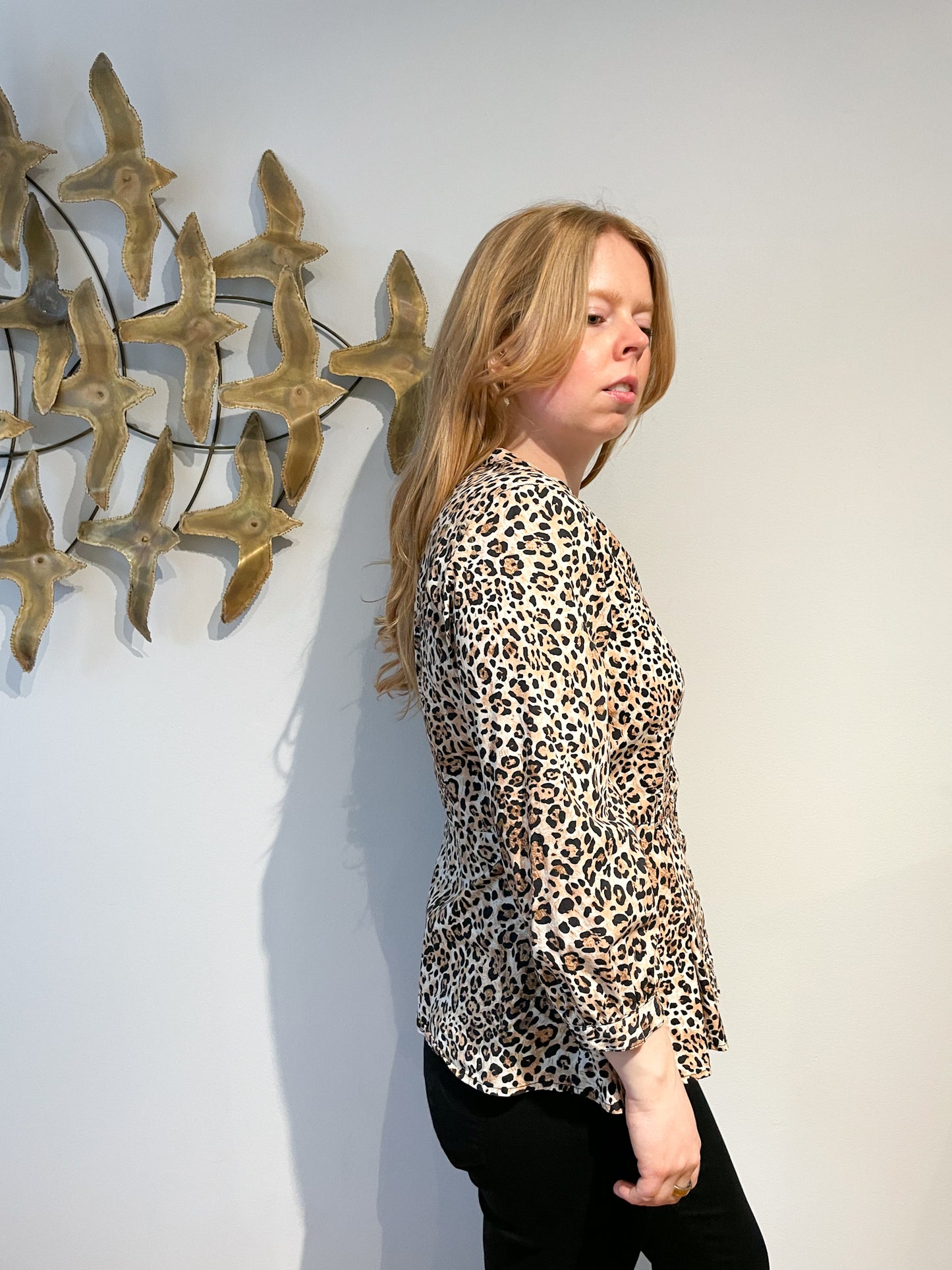 Harvé Bernard Leopard Cotton Stretch Peplum Button Down Top - Small