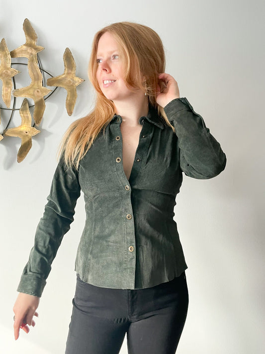 Cabi Olive Green Genuine Suede Leather Button Down Shirt Jacket NWT - XS