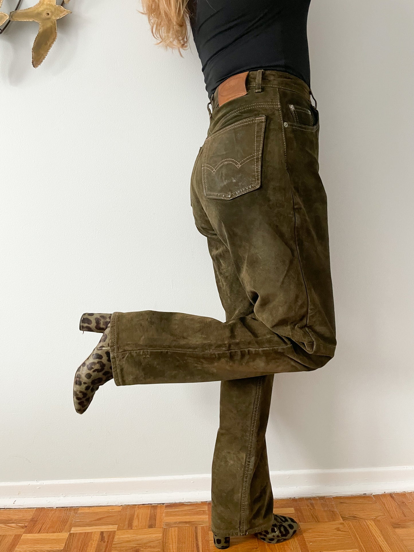 Per Suede Olive Green Genuine Suede Leather High Rise Barrel Pants - Size 28