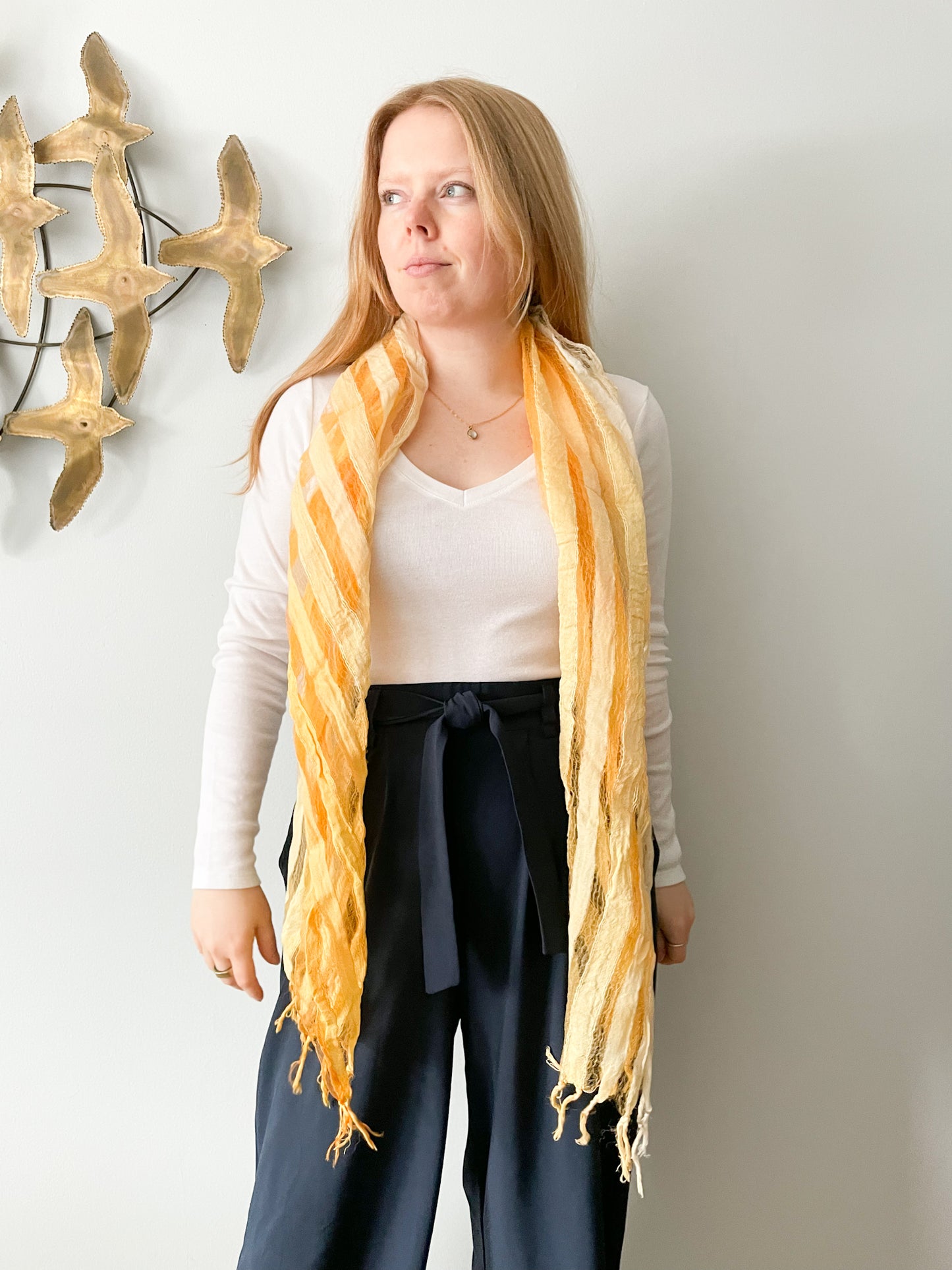 Ombre Yellow Orange Sheer Stripe Fringe Scarf Cover Up