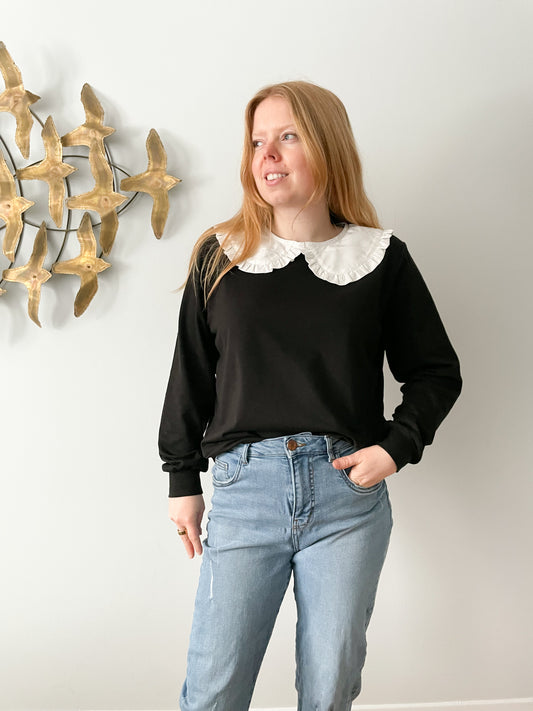 Black White Ruffle Peter Pan Collar Sweater - Large