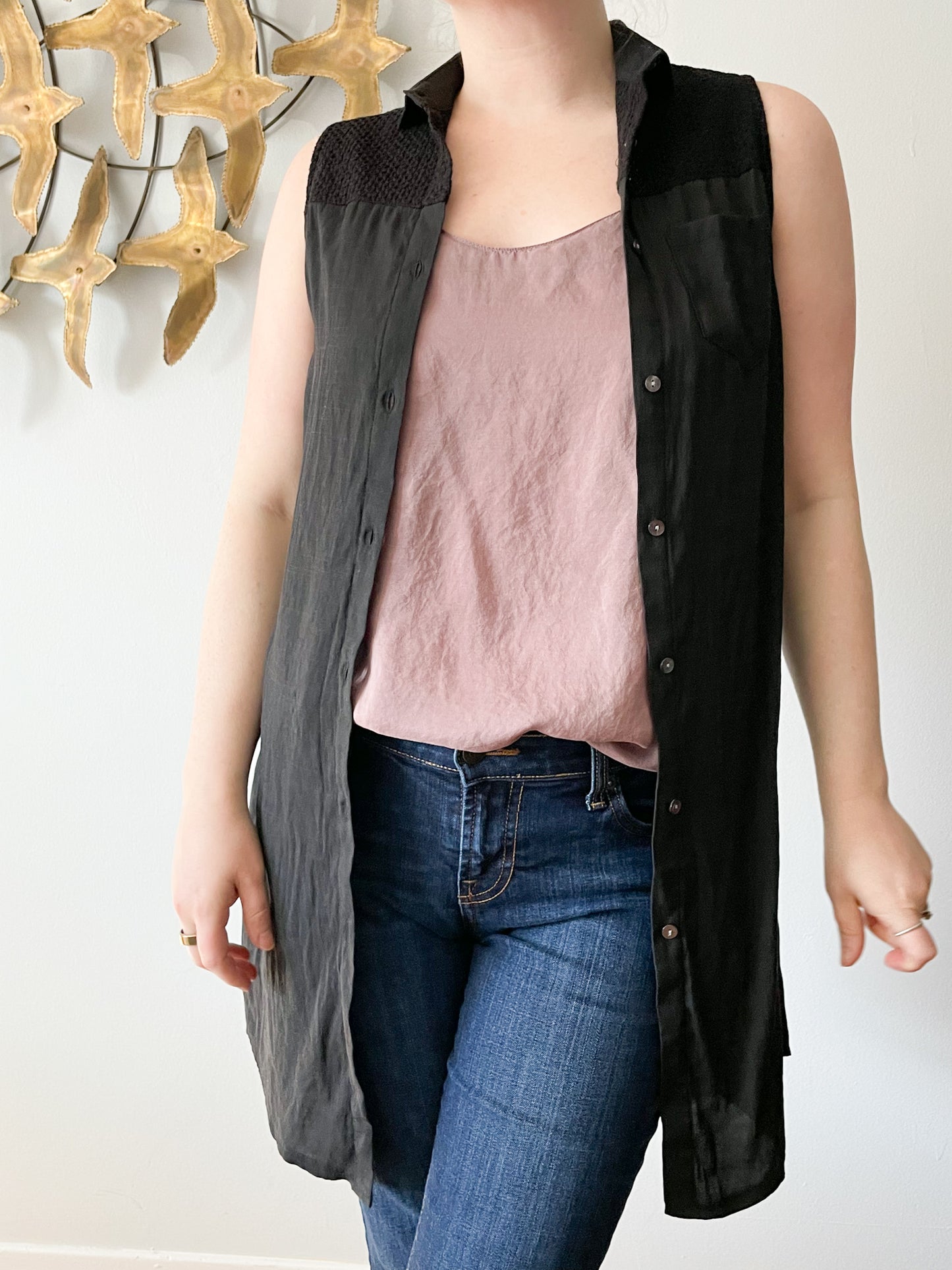 Lilibleu Black Button Down Front Sleeveless Dress / Coverup / Vest - Small