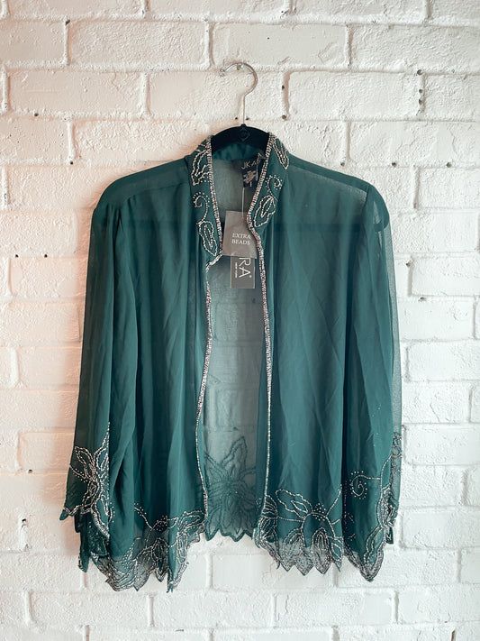 Jkara Hunter Green Beaded Sheer Jacket NWT - Size 20