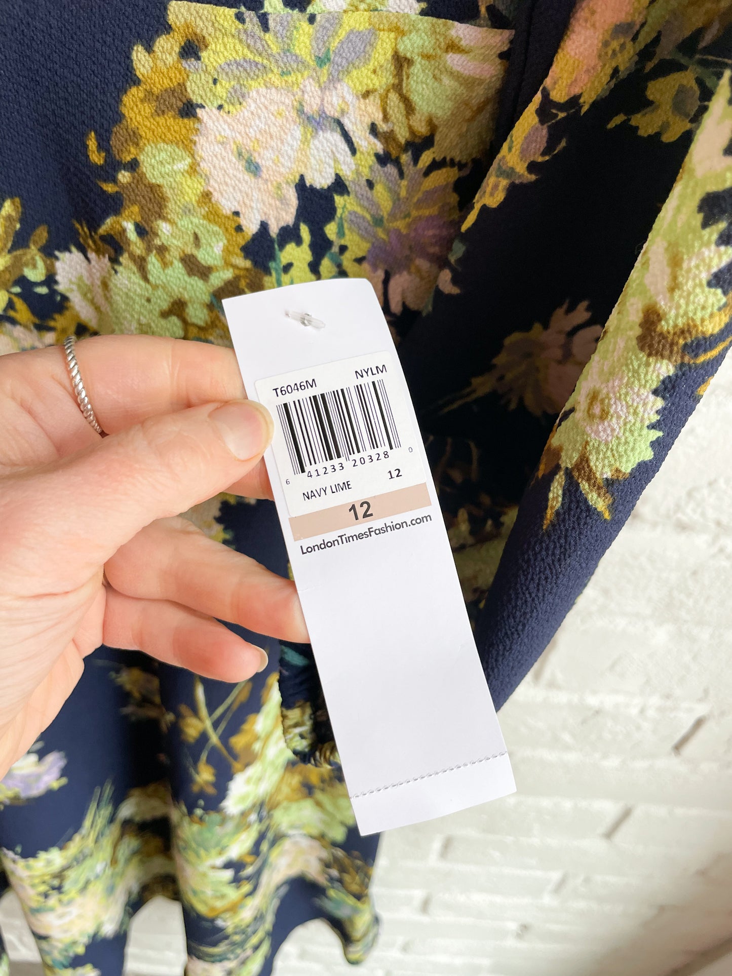 London Times Navy and Lime Long Sleeve Floral Midi Dress - Medium