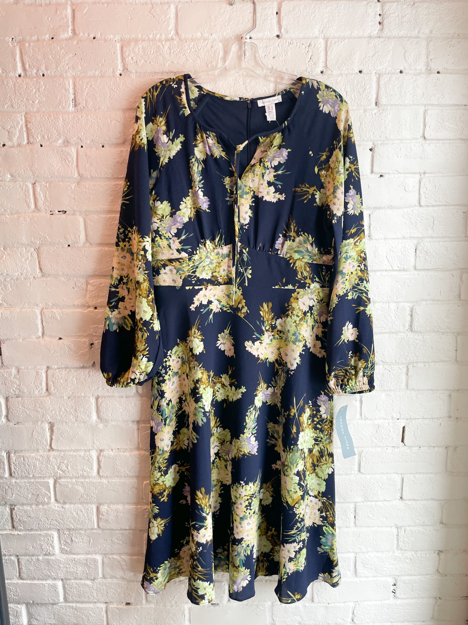 London Times Navy and Lime Long Sleeve Floral Midi Dress Medium