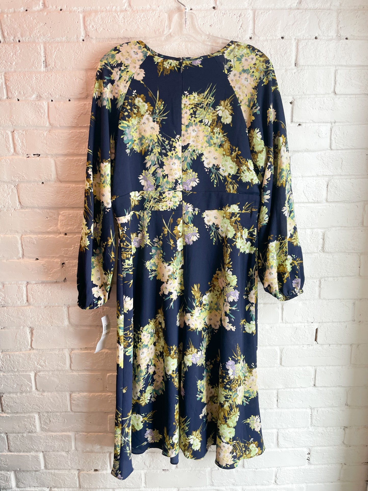 London Times Navy and Lime Long Sleeve Floral Midi Dress - Medium