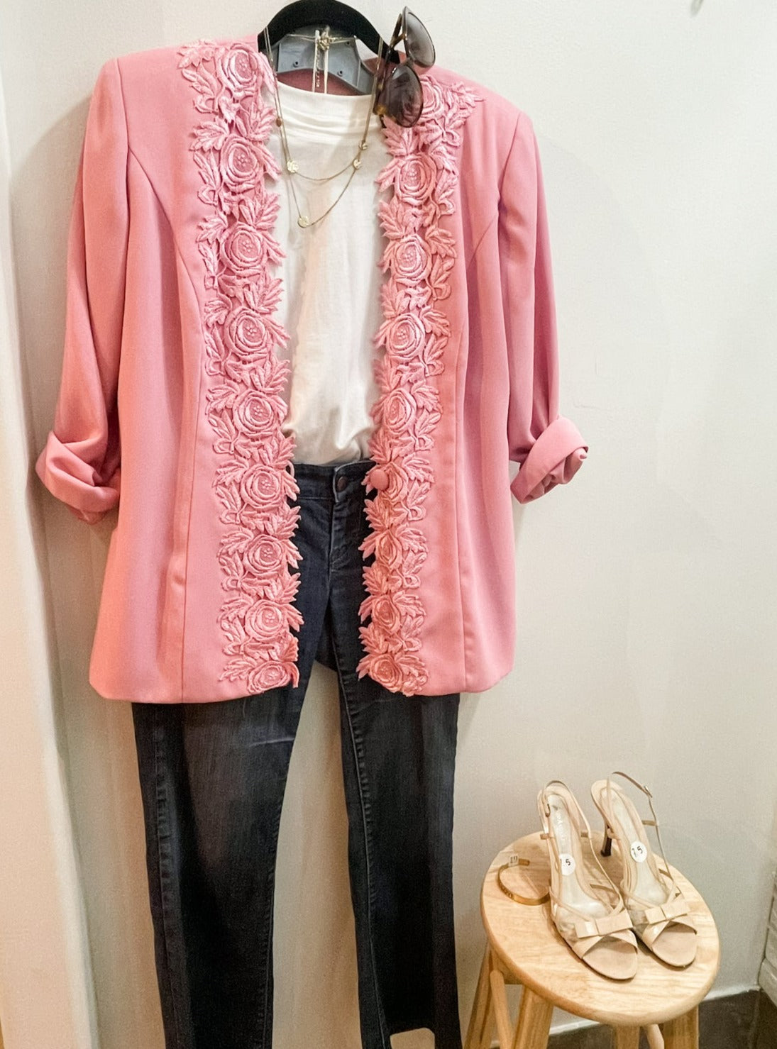 Vintage Pink Lace Trimmed Open Long Blazer - Large