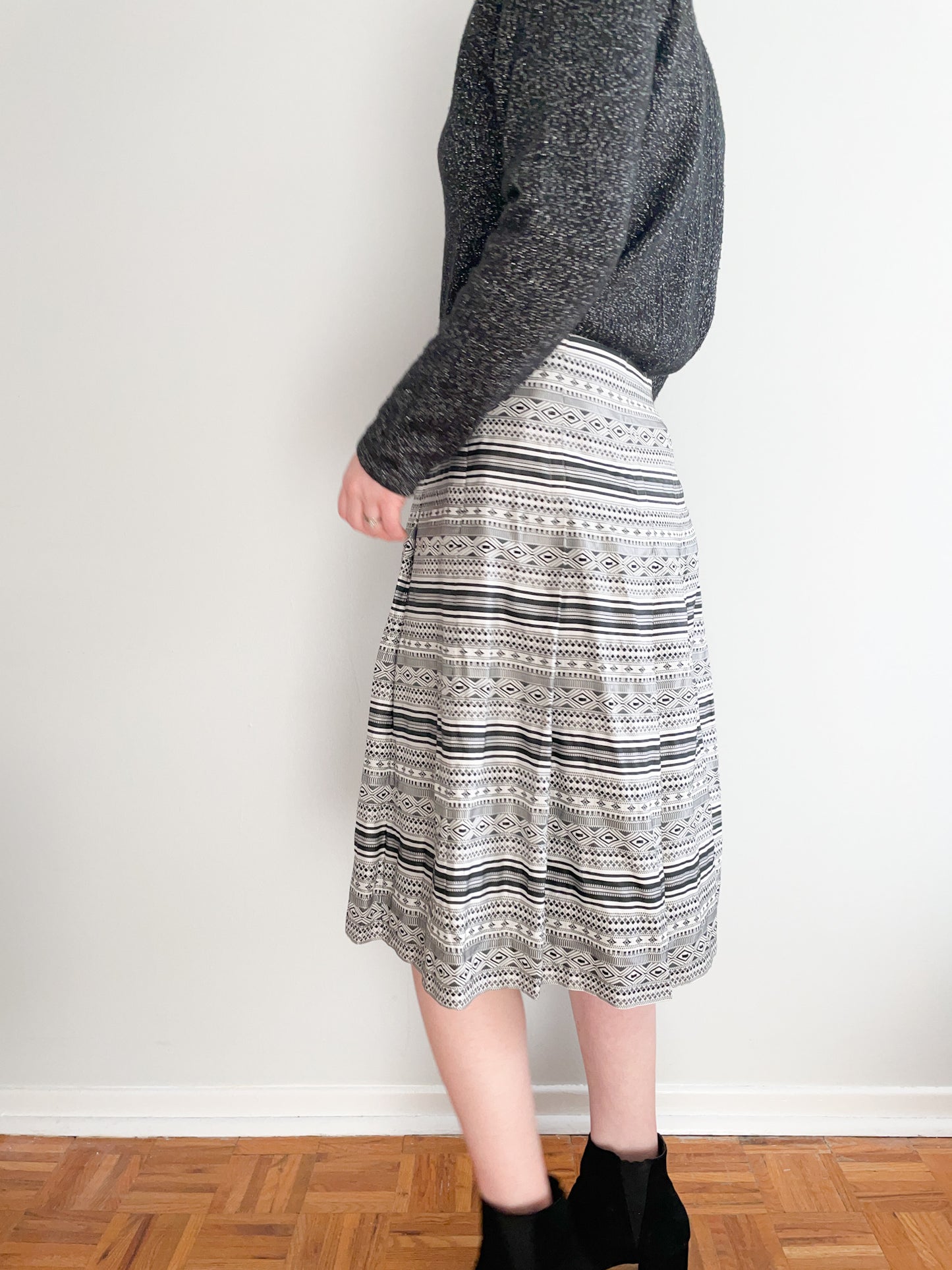 Nine West Black Stripe Pleated Silk Midi Skirt - Size 6